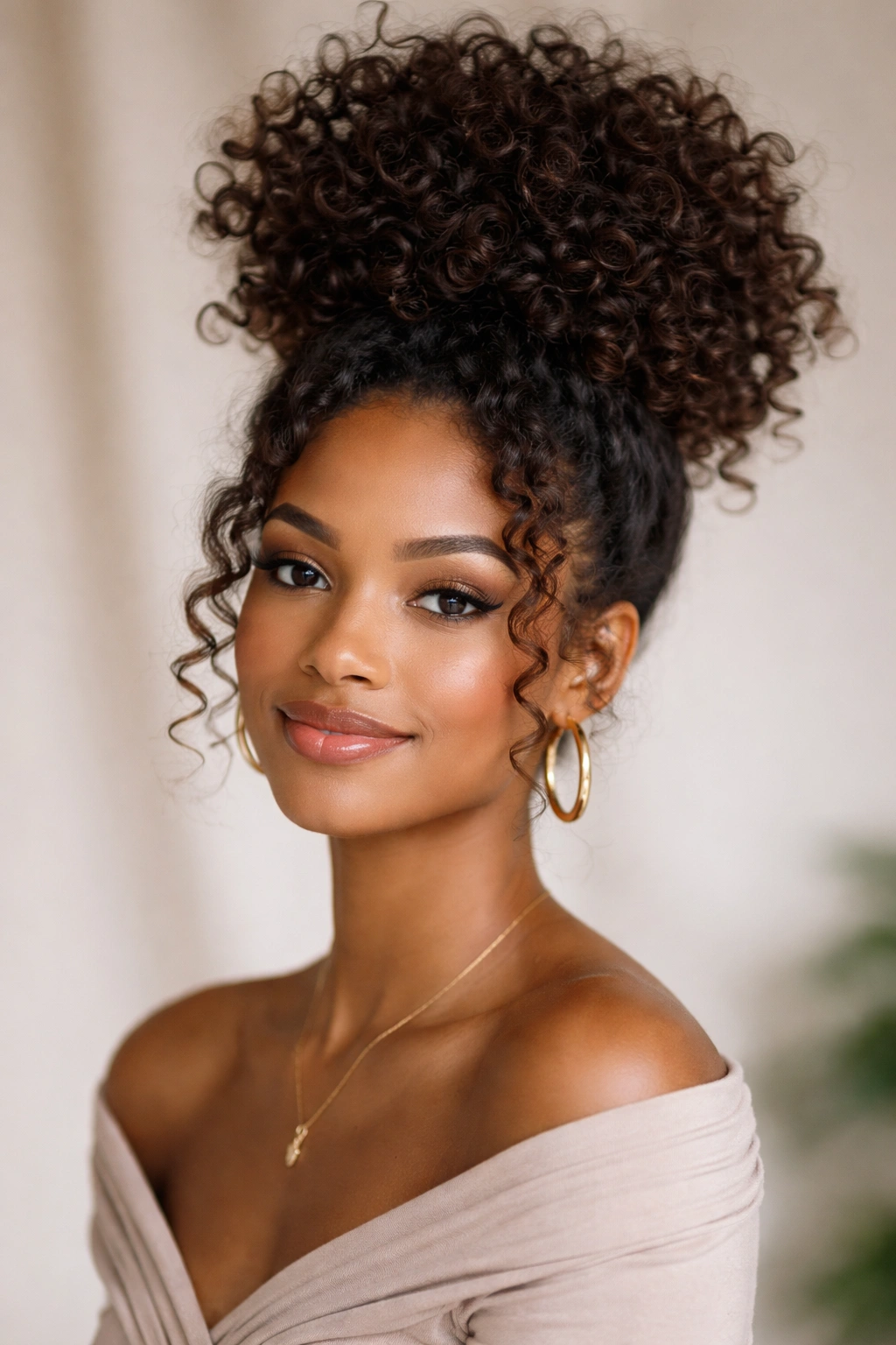 Close-up of a high pineapple updo with face-framing curls for a curly birthday hairstyle