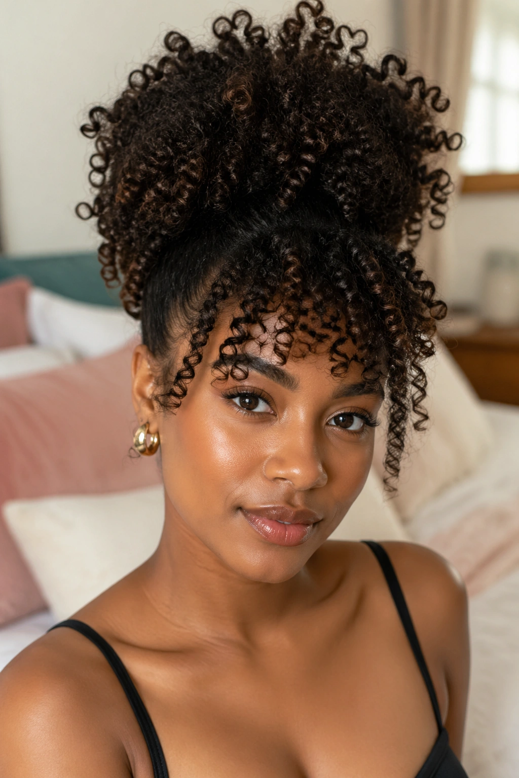 Close-up of a pineapple updo with curly bangs