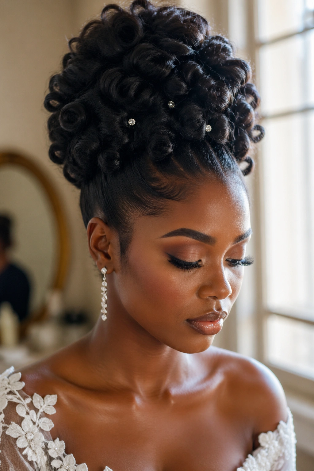 Close-up of a real bride's pineapple updo with pinned curls.