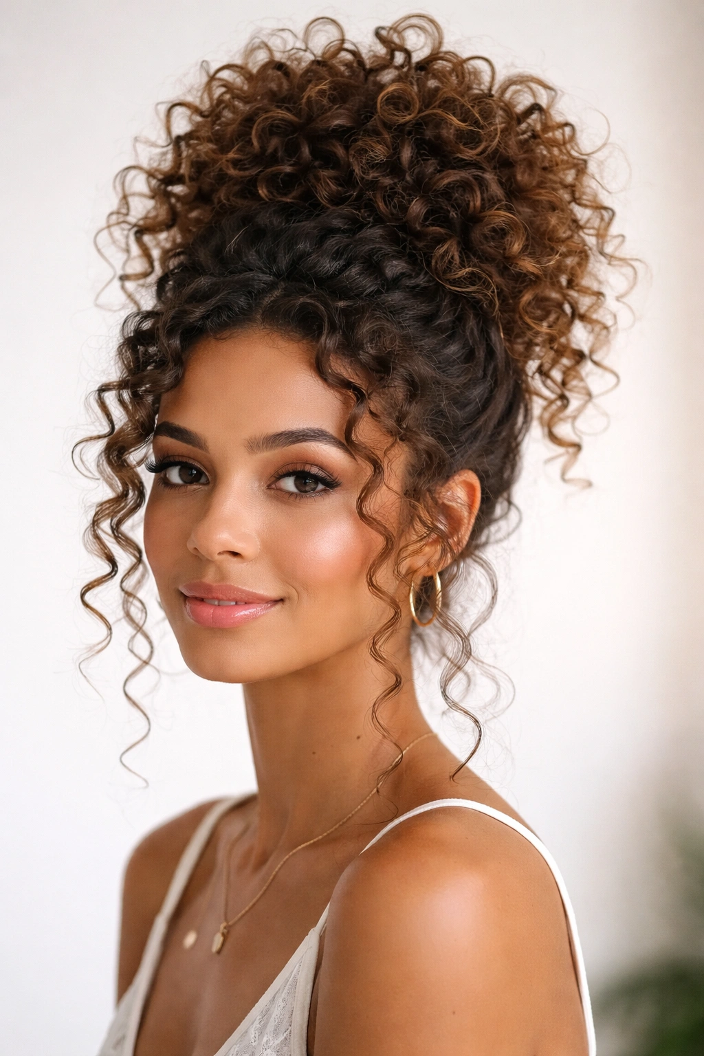 Pineapple updo with loose tendrils around the face