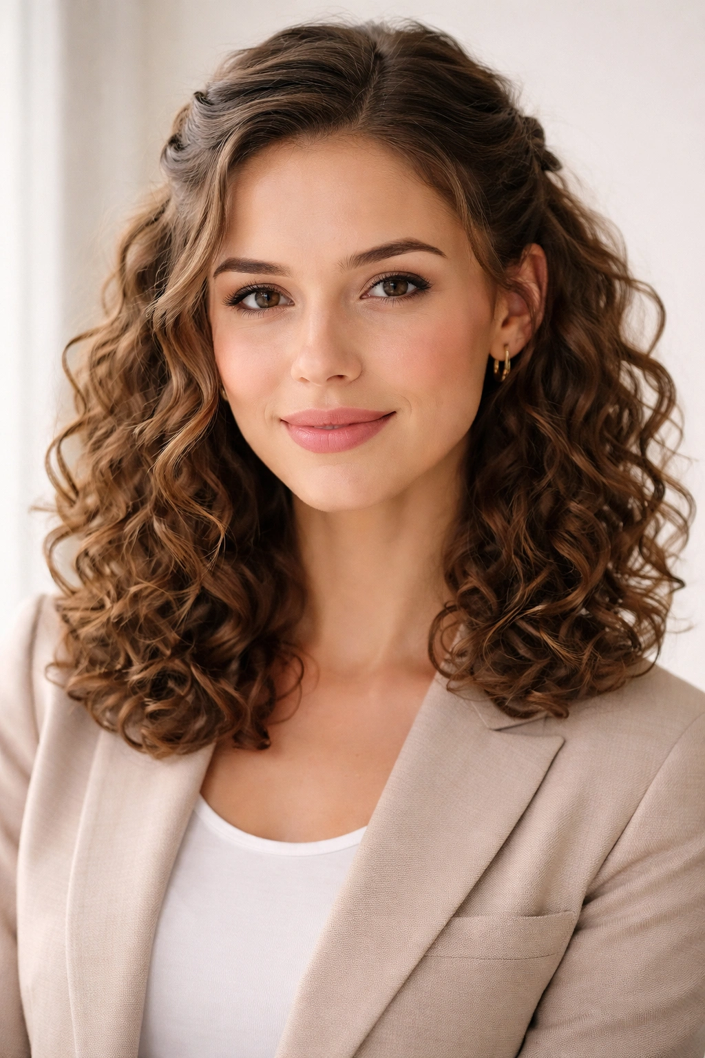Pinned-back front sections with loose length curls on a curly bob or shoulder-length hairstyle.