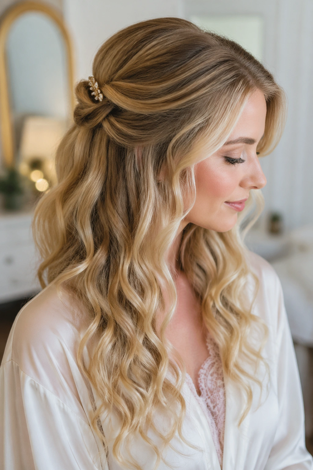 Close-up of a real woman with a soft pinned half-up and curled hair.