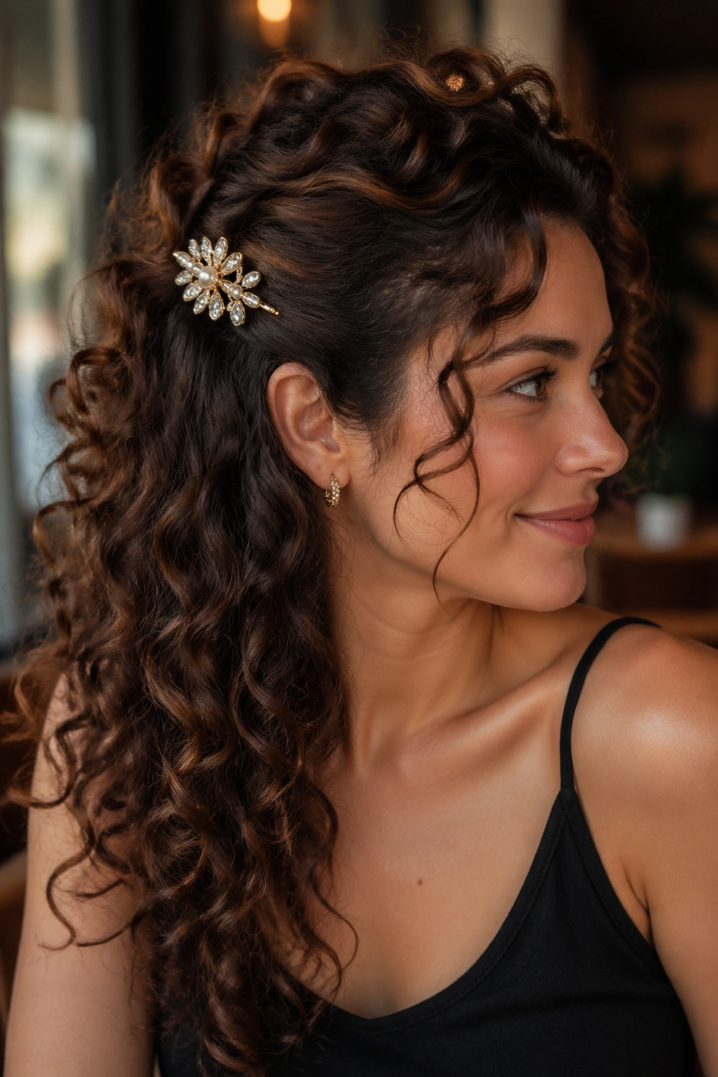 Pinned-back volume with a statement barrette on a real woman