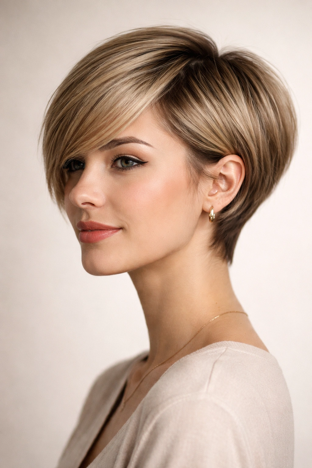 Close-up of classic pixie bob with side-swept fringe, tapered nape, and soft crown layers.