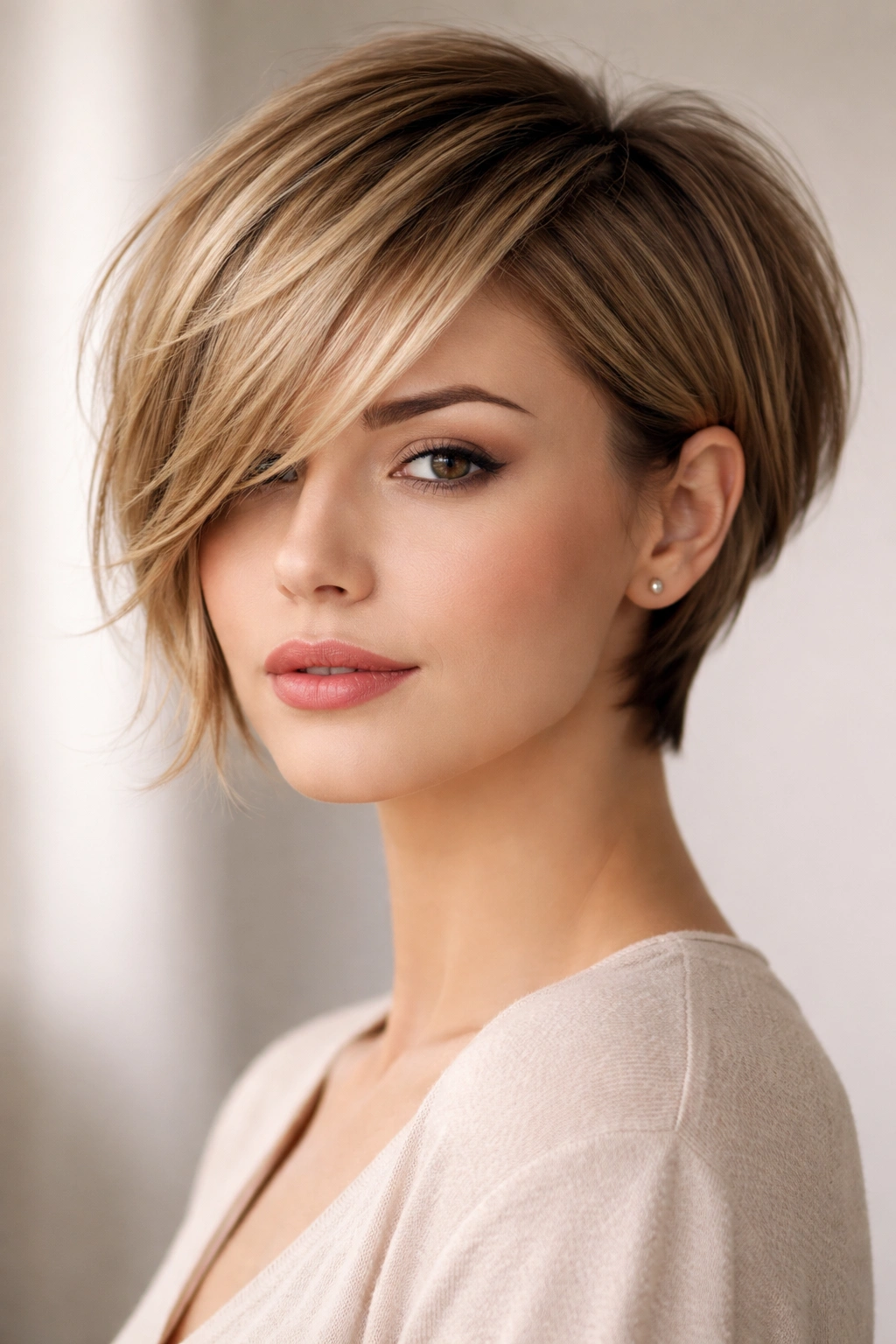 Model with pixie bob and long side bangs