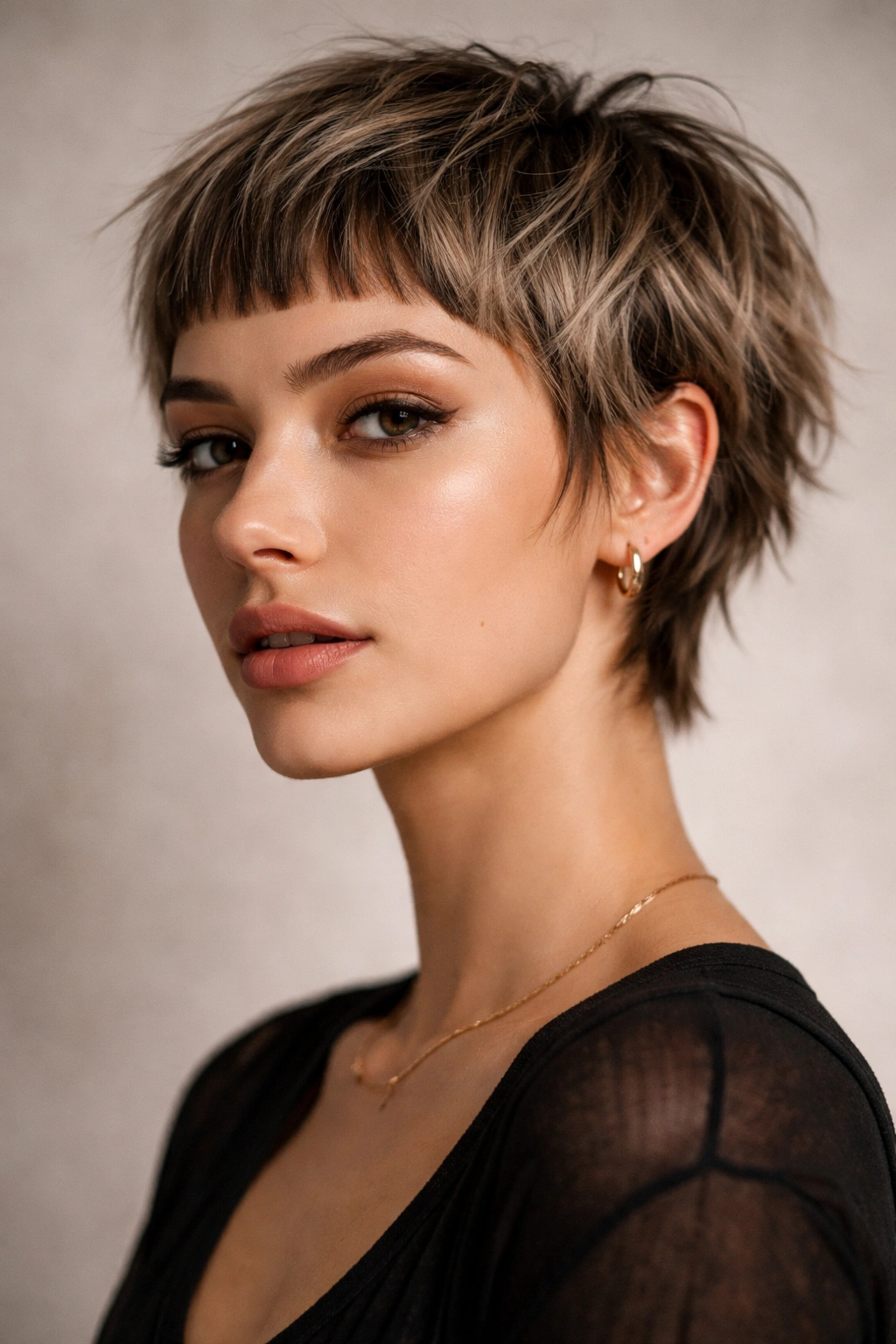 Choppy pixie bob with micro bangs and textured sides in studio portrait