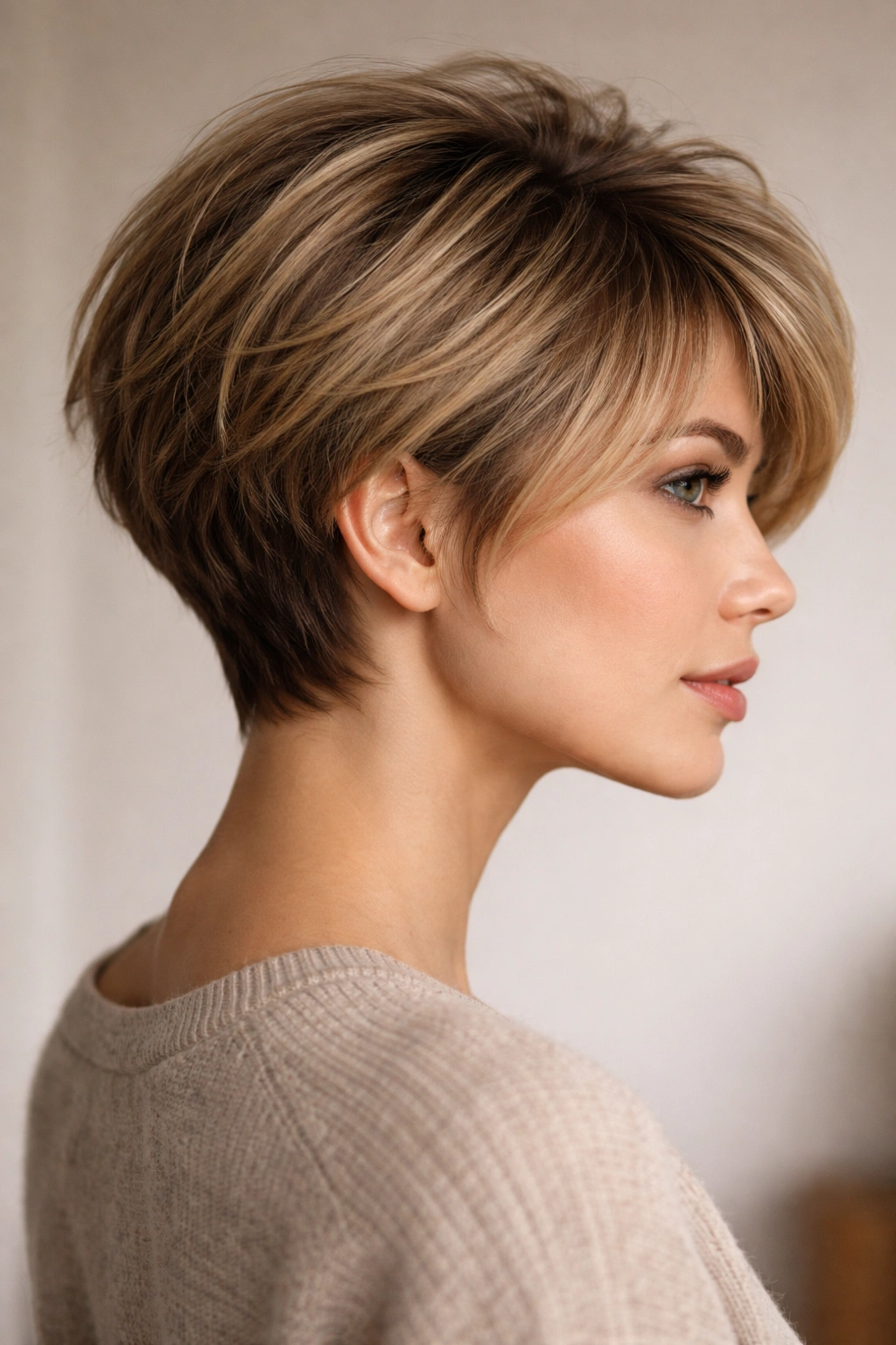 Close-up profile of a pixie bob with long crown layers showing crown lift and shape