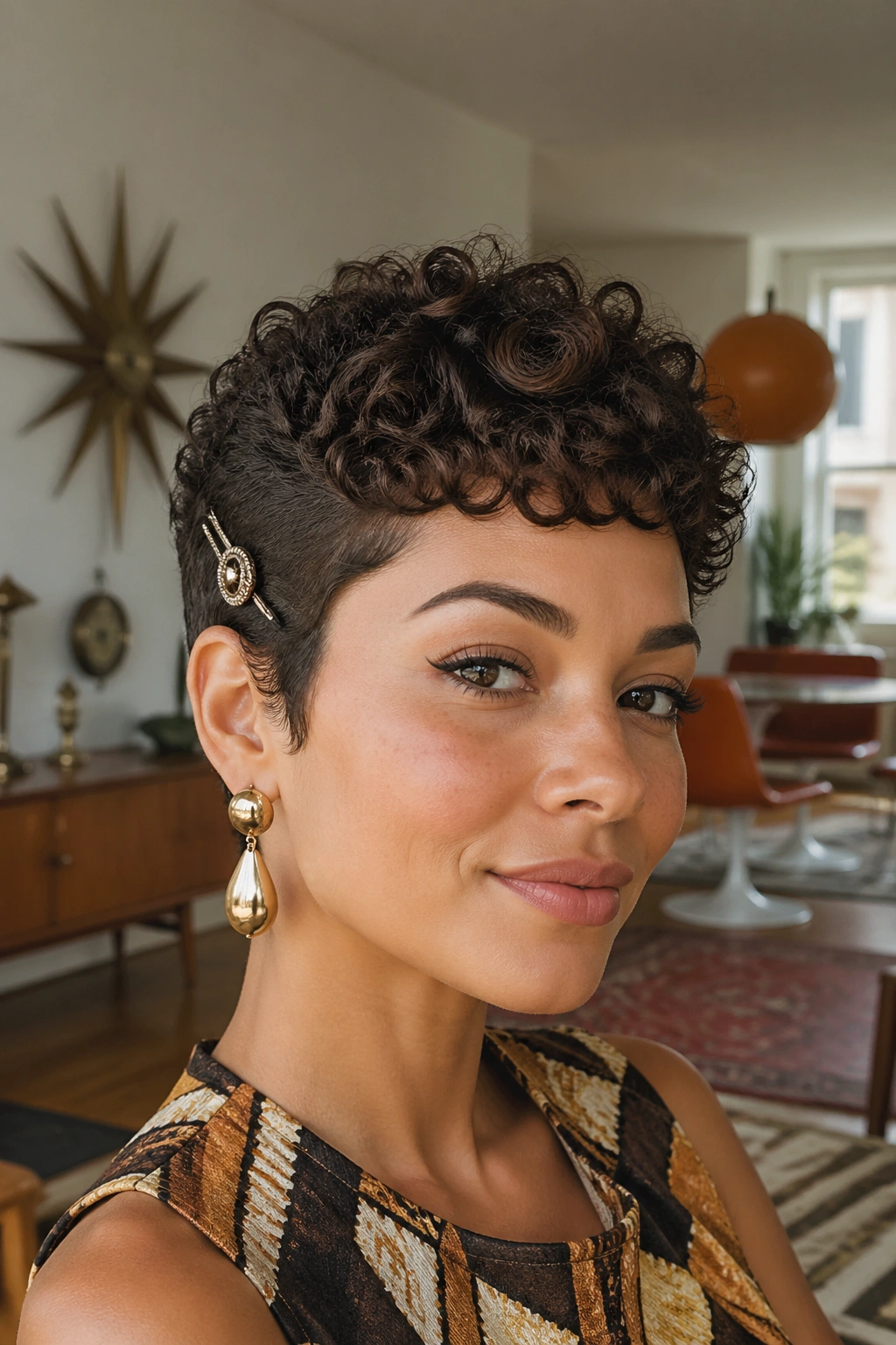 Close-up of a real woman with a mod pixie and defined curls in a mid-century setting