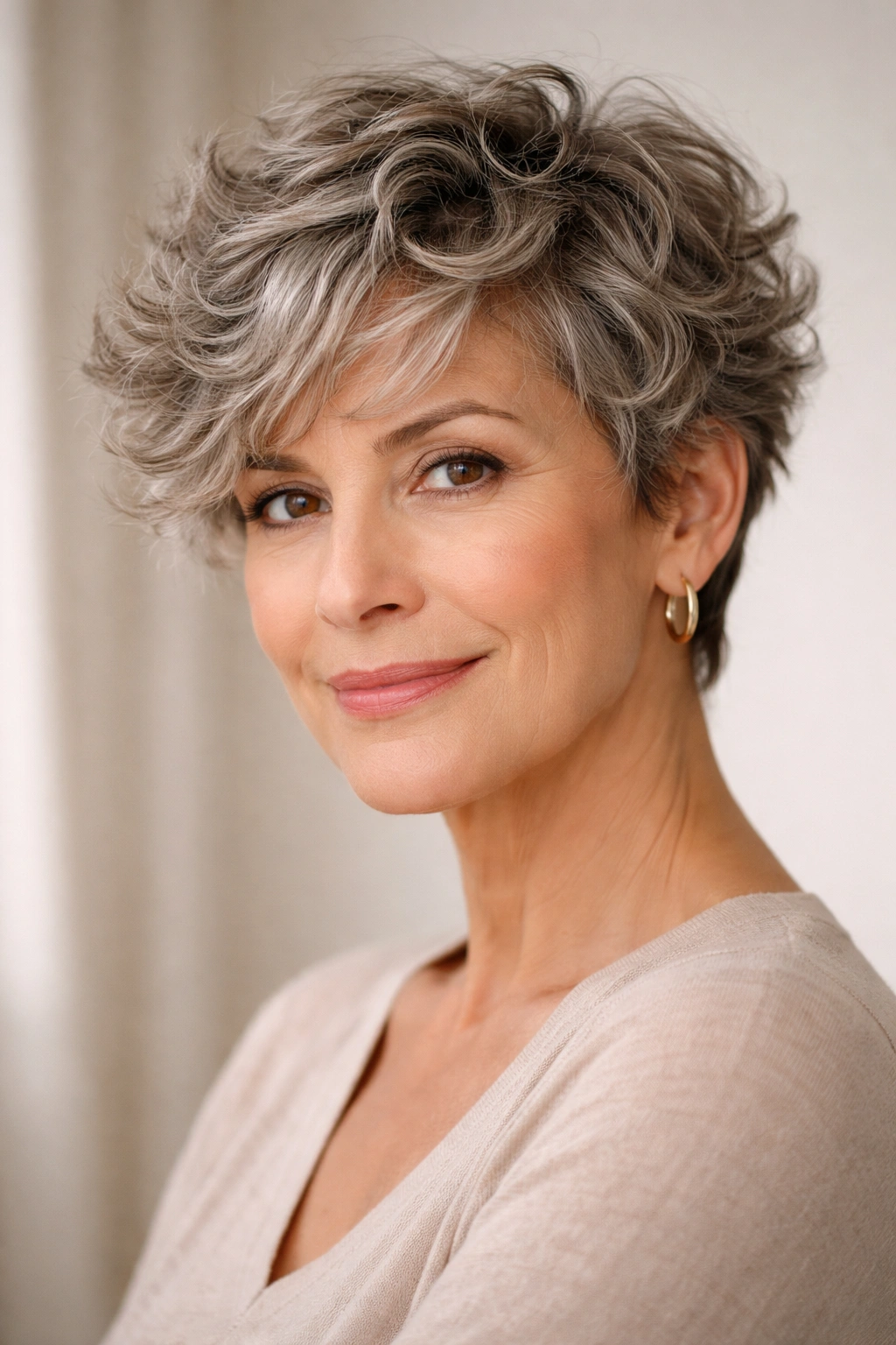 Close-up of soft layered pixie curls on a mature woman under studio light