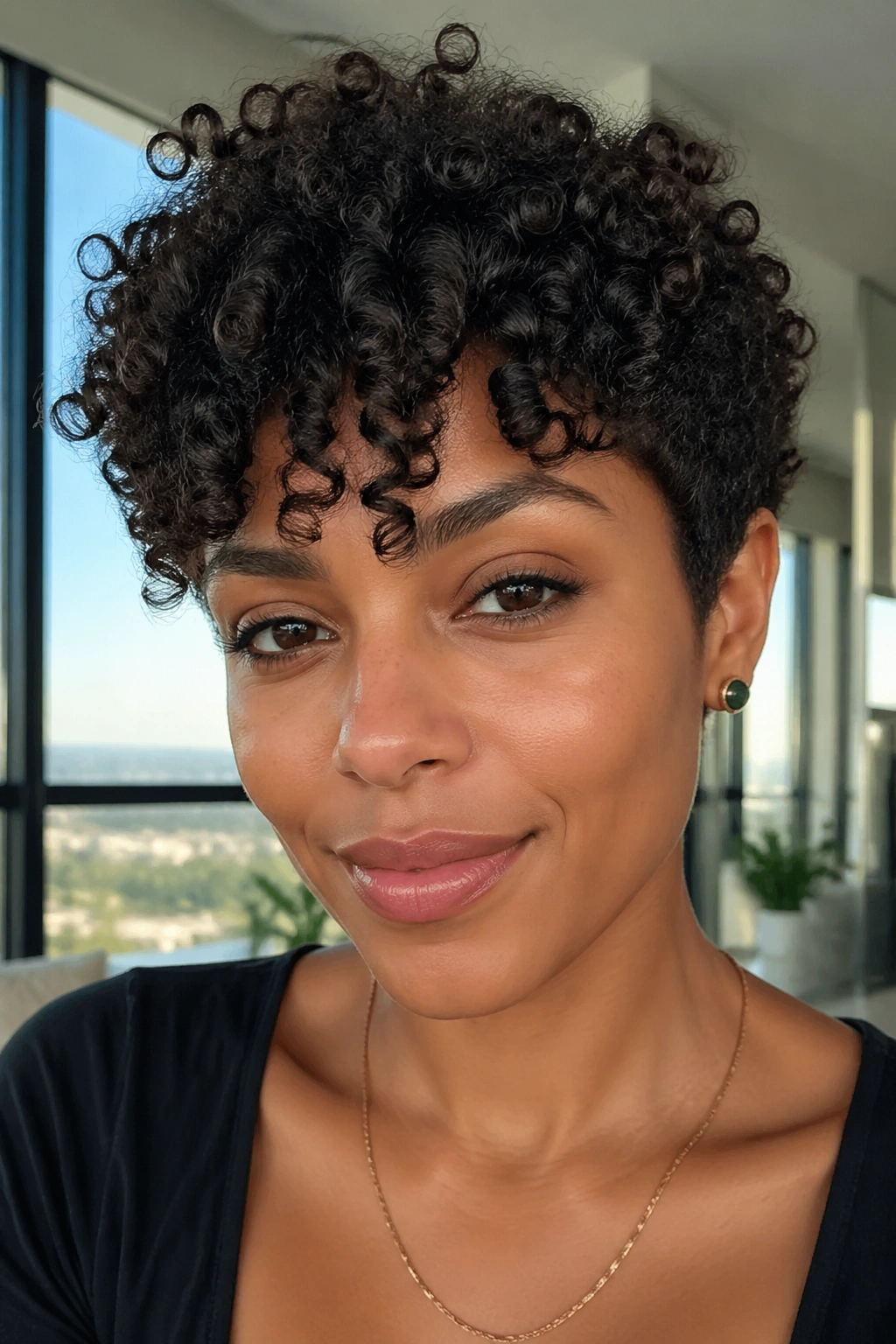 Close-up of a real woman with pixie shag for tight coils