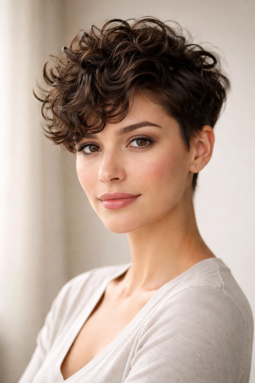 Pixie cut with longer top curls on an oval face