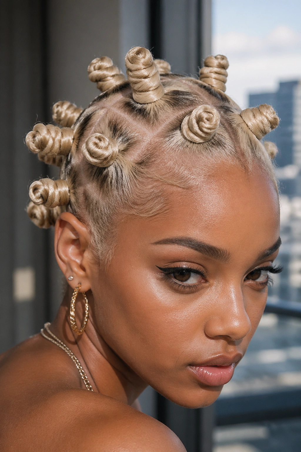 Portrait of real woman with platinum blonde Bantu knots and sharp parting