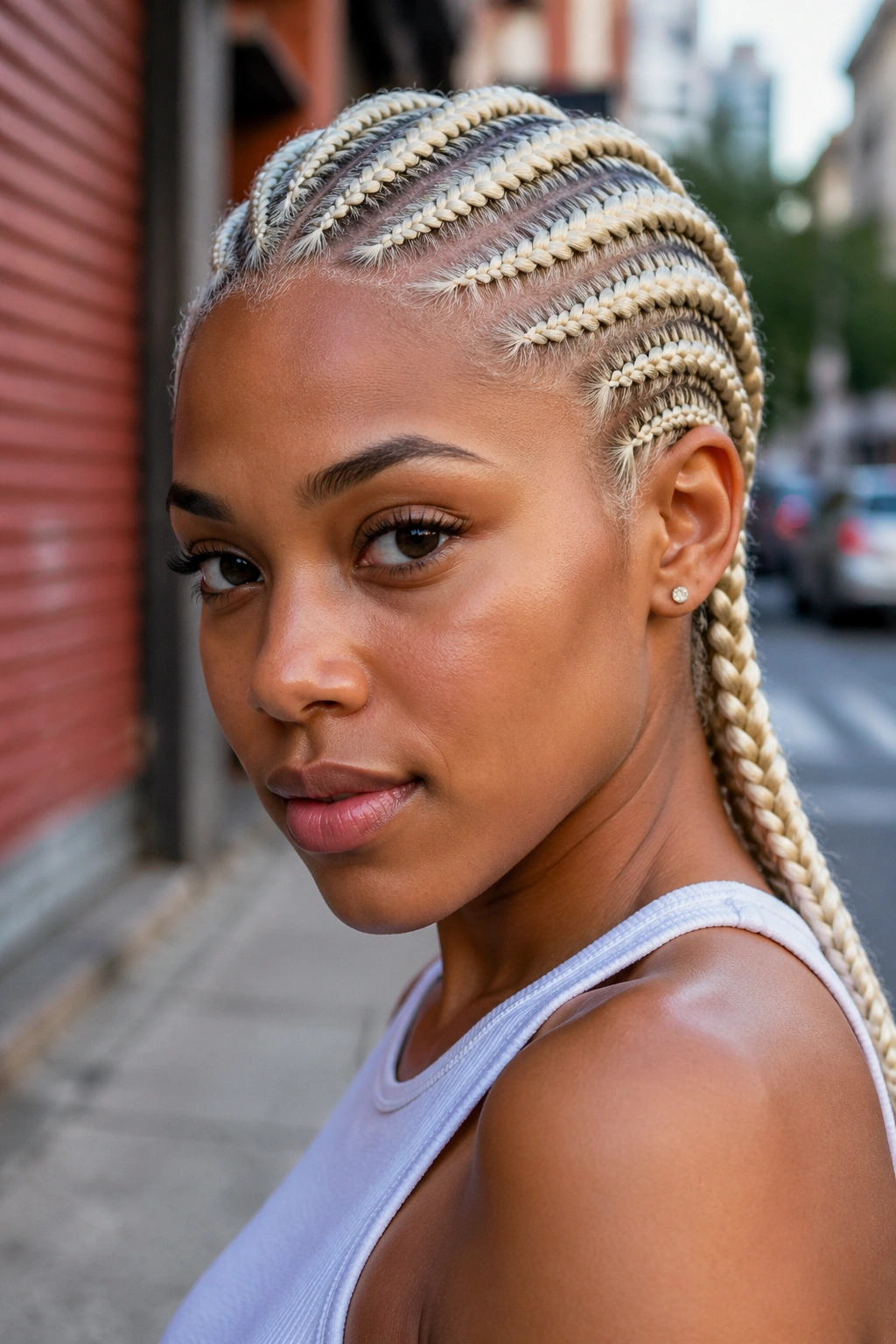 Close-up of a real woman with platinum feed-in cornrows