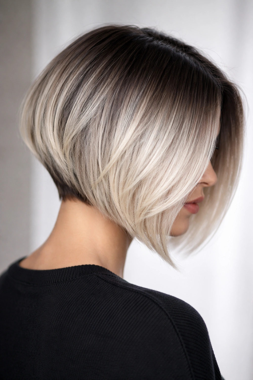 Inverted bob with shadow root and platinum ombre