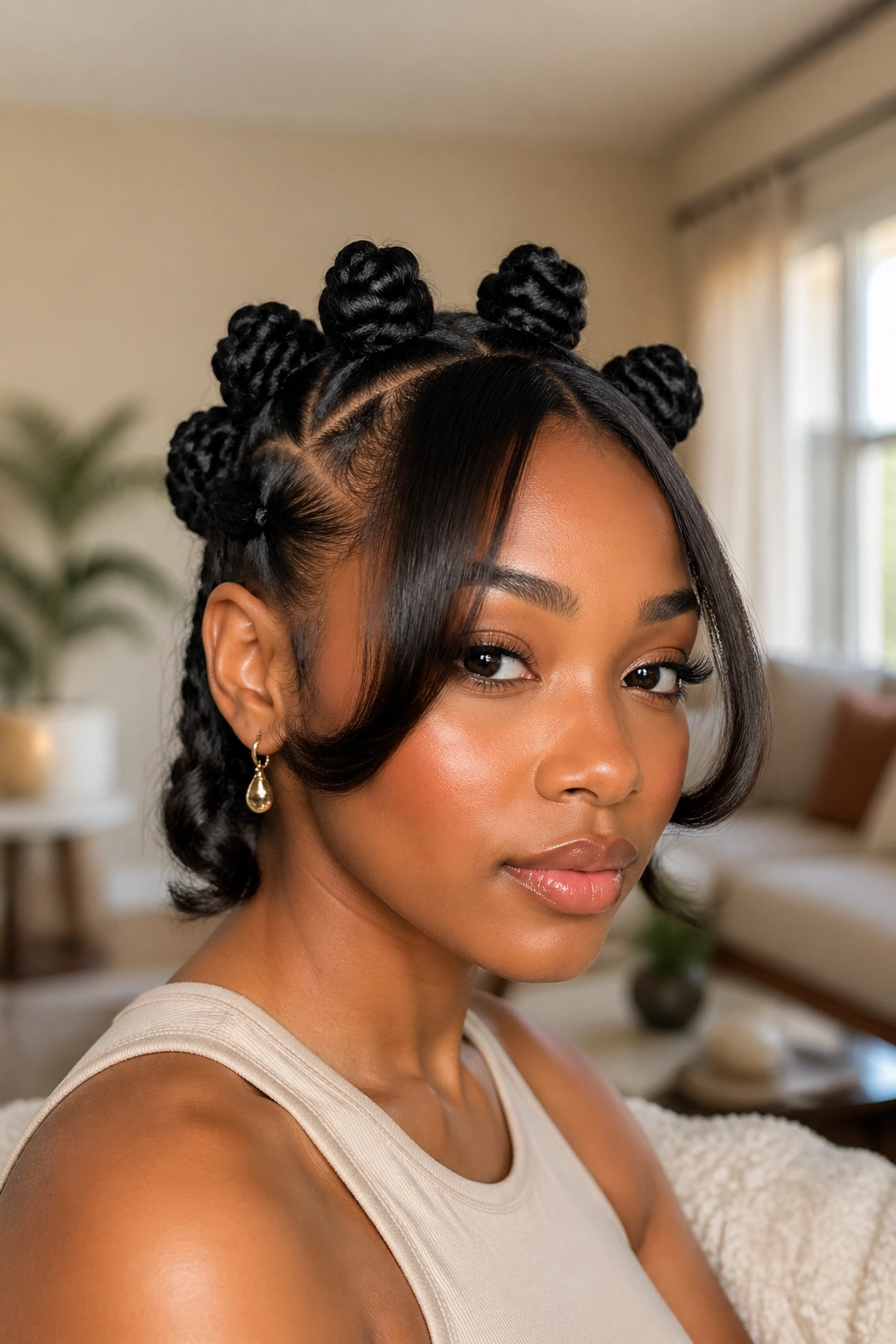 Close-up of a real woman with a polished knot crown and curled bangs in warm window light