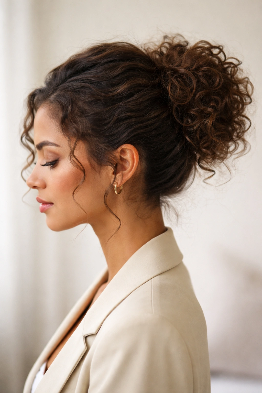 Polished messy curly bun with crown lift and soft tendrils at temples