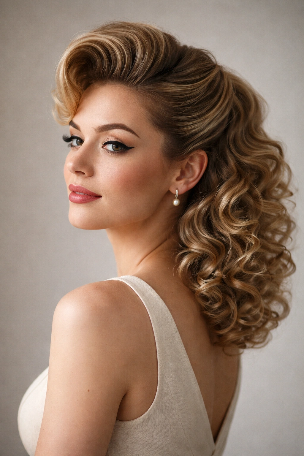 Close-up of a front pompadour with free curls at the back on a model, studio lighting.