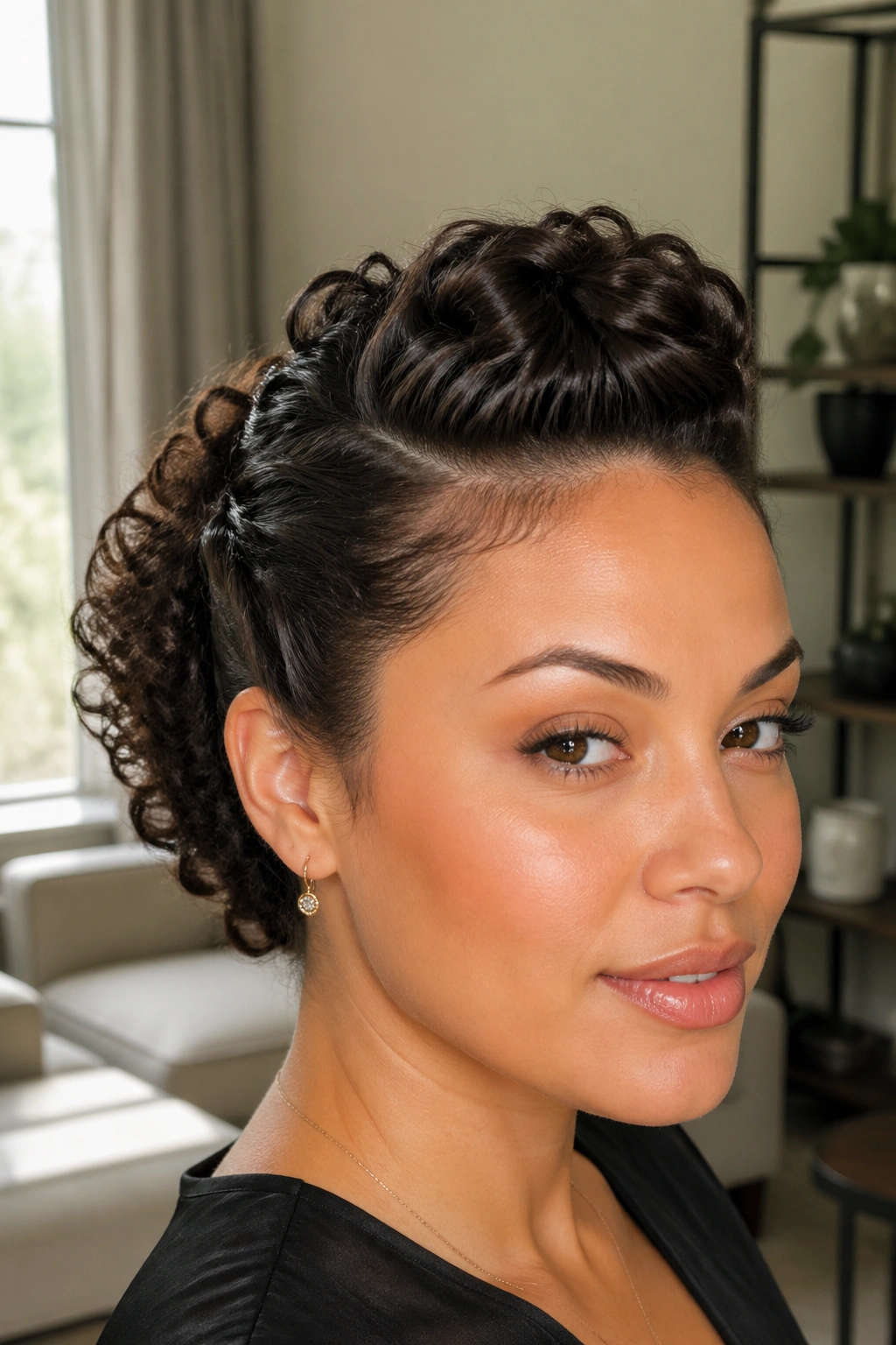 Portrait of a woman with a twisted front pompadour on short curls, front lift at the forehead