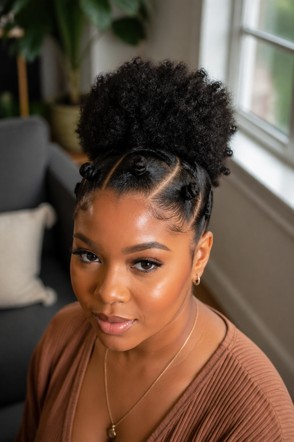 Close-up of a real person with a pony puff and four mini knots on short natural hair
