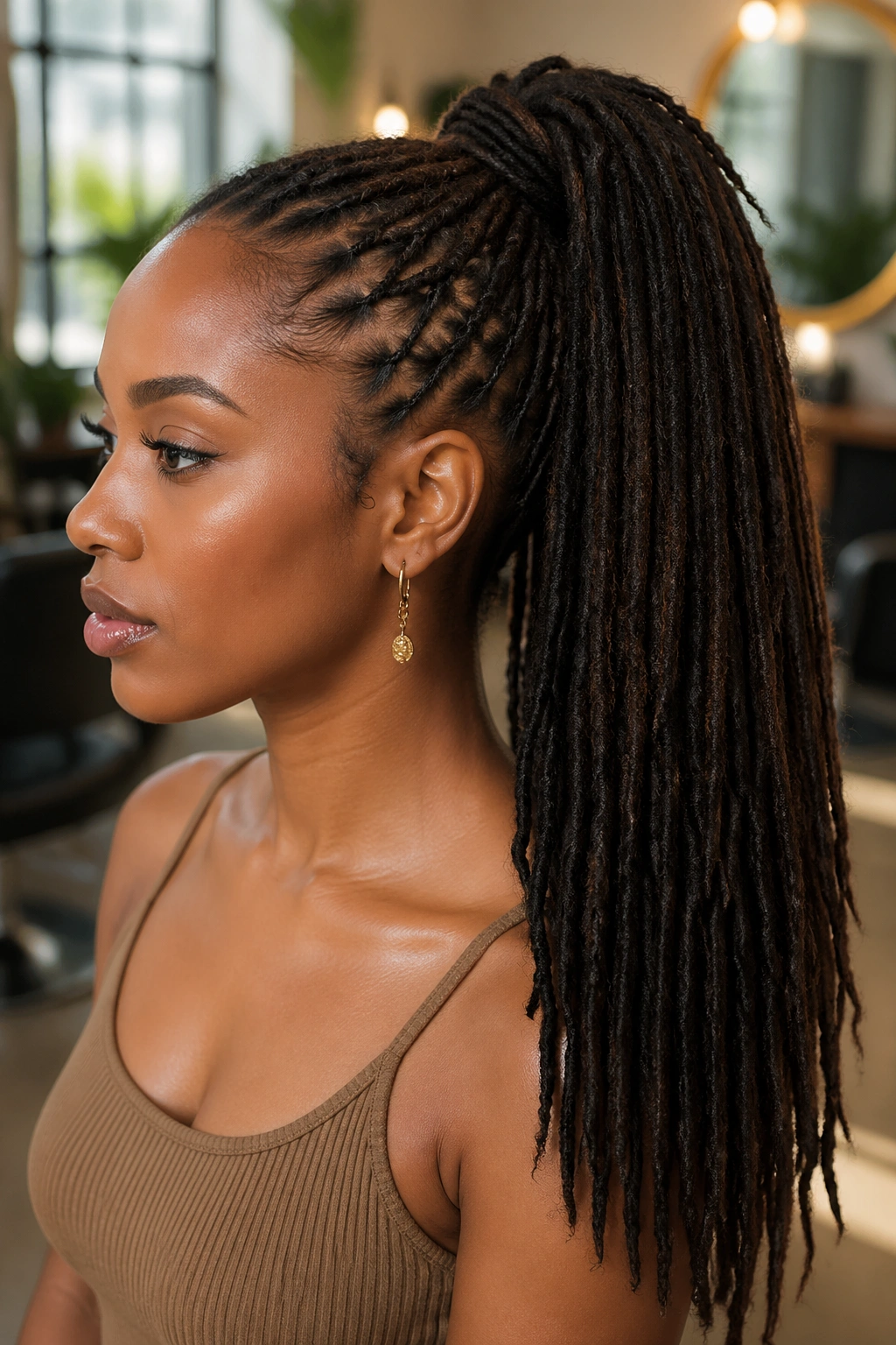 Close-up of a ponytail extension blended with locs on a real person in a sunlit salon