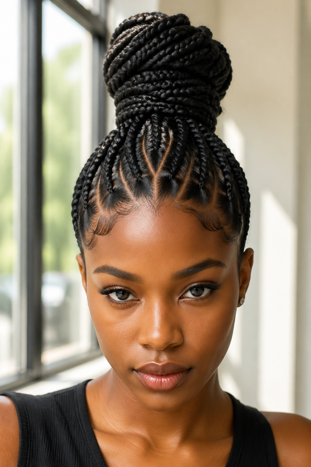 Real person with high ponytail stitched braids forming a wrapped bun