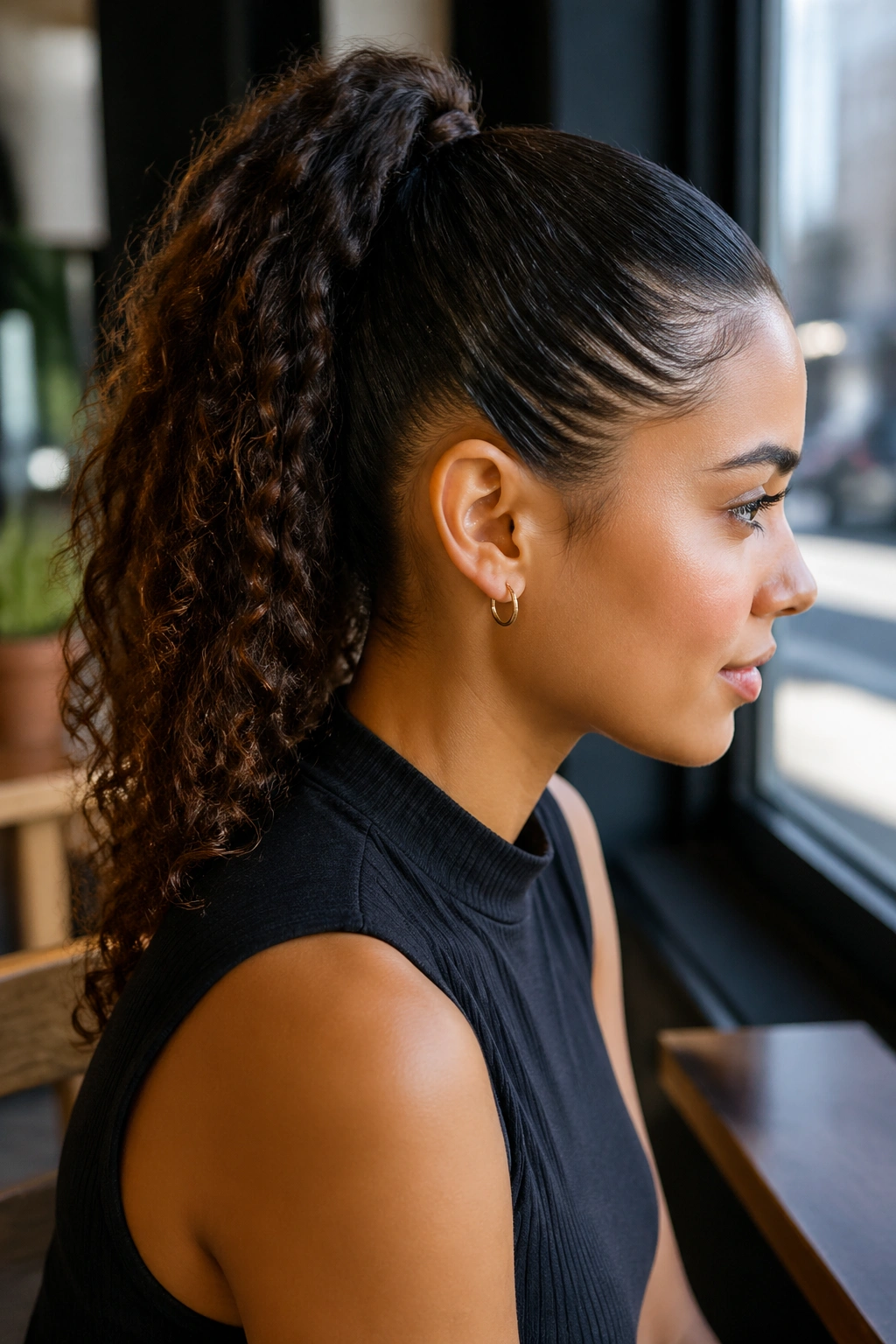 Close-up of a real person with a damp, glossy curly ponytail.