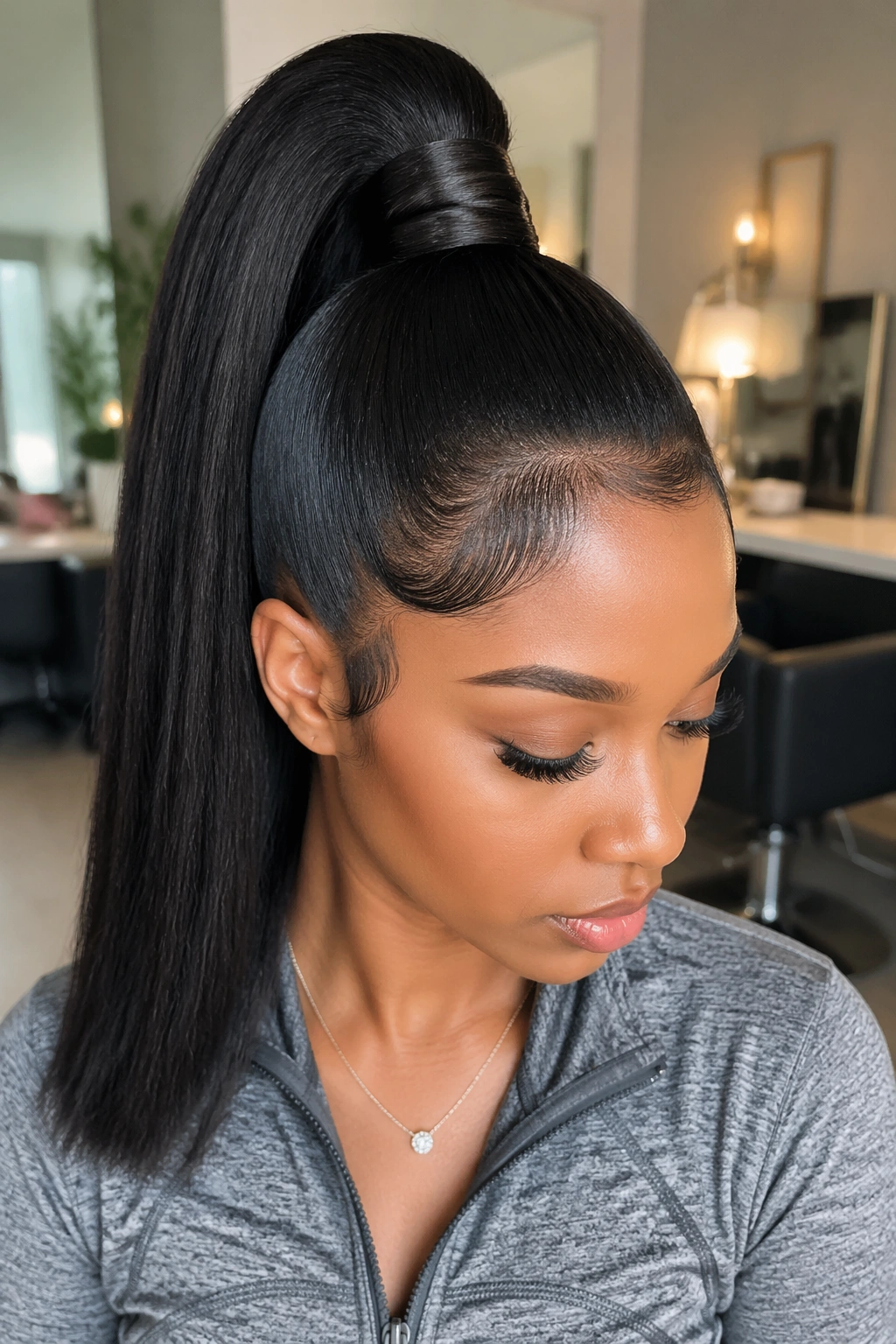 Close-up of a woman with a high ponytail wrapped at the base, glossy straight hair