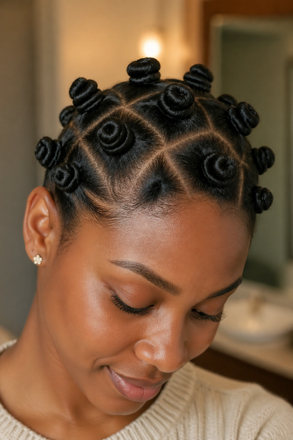 Close-up of a real person with tuck-in Bantu knots and tucked ends