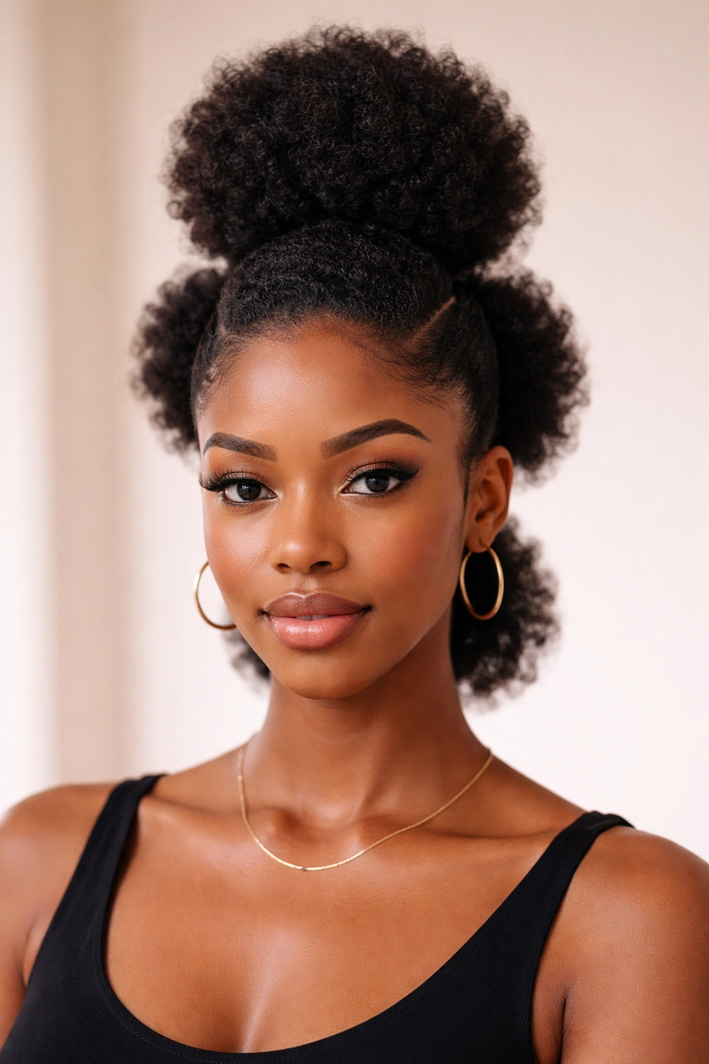 Front view of a three-section puff Afrohawk with centered puffs