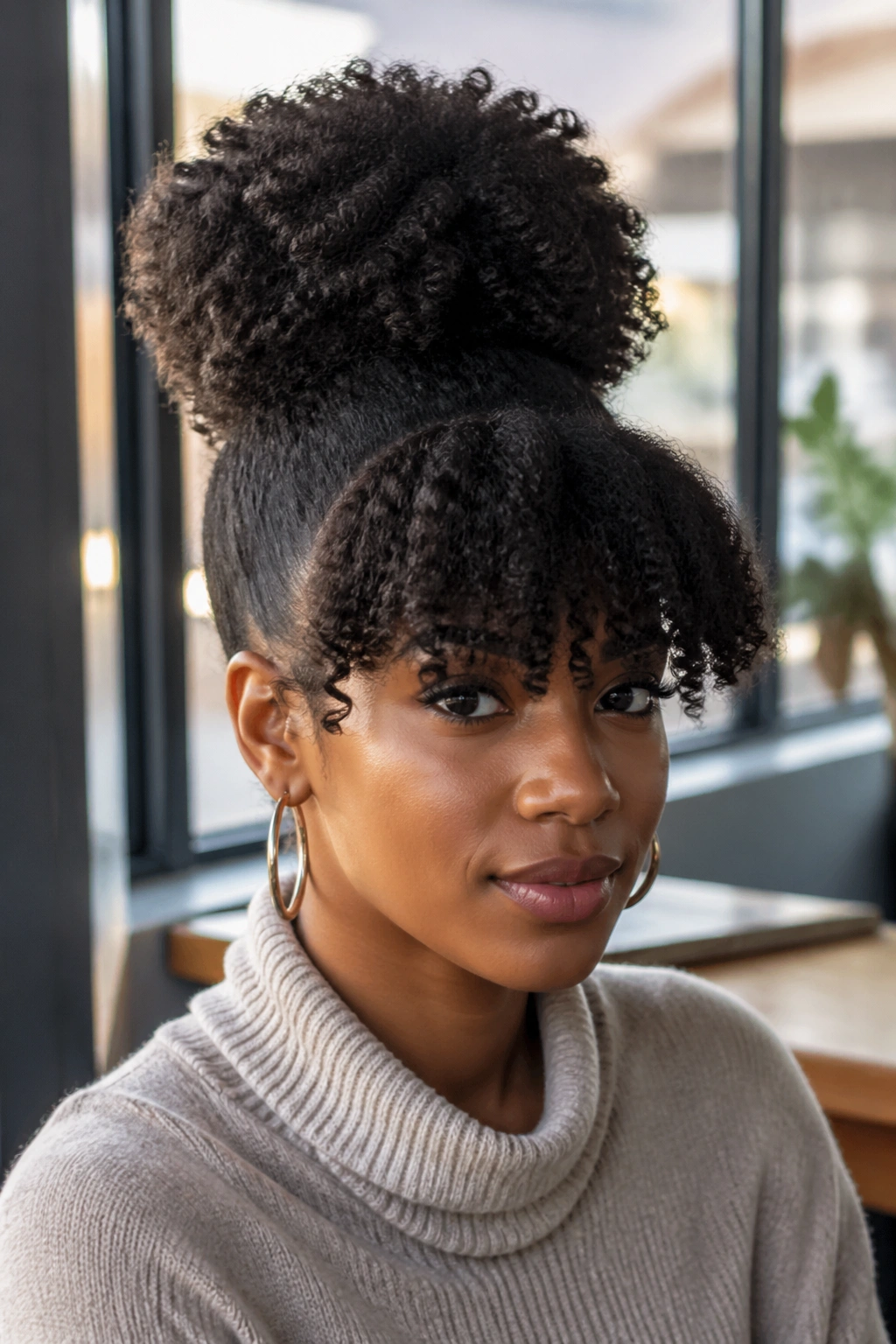 Portrait of a real person with puff bun and bangs in a cafe