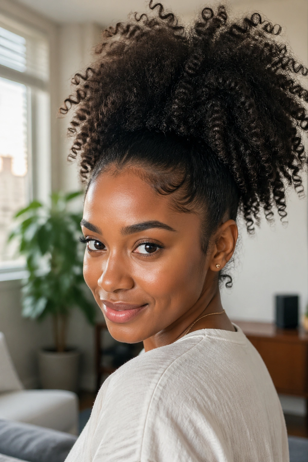 Close-up of a real woman with a textured puff ponytail showing voluminous curls