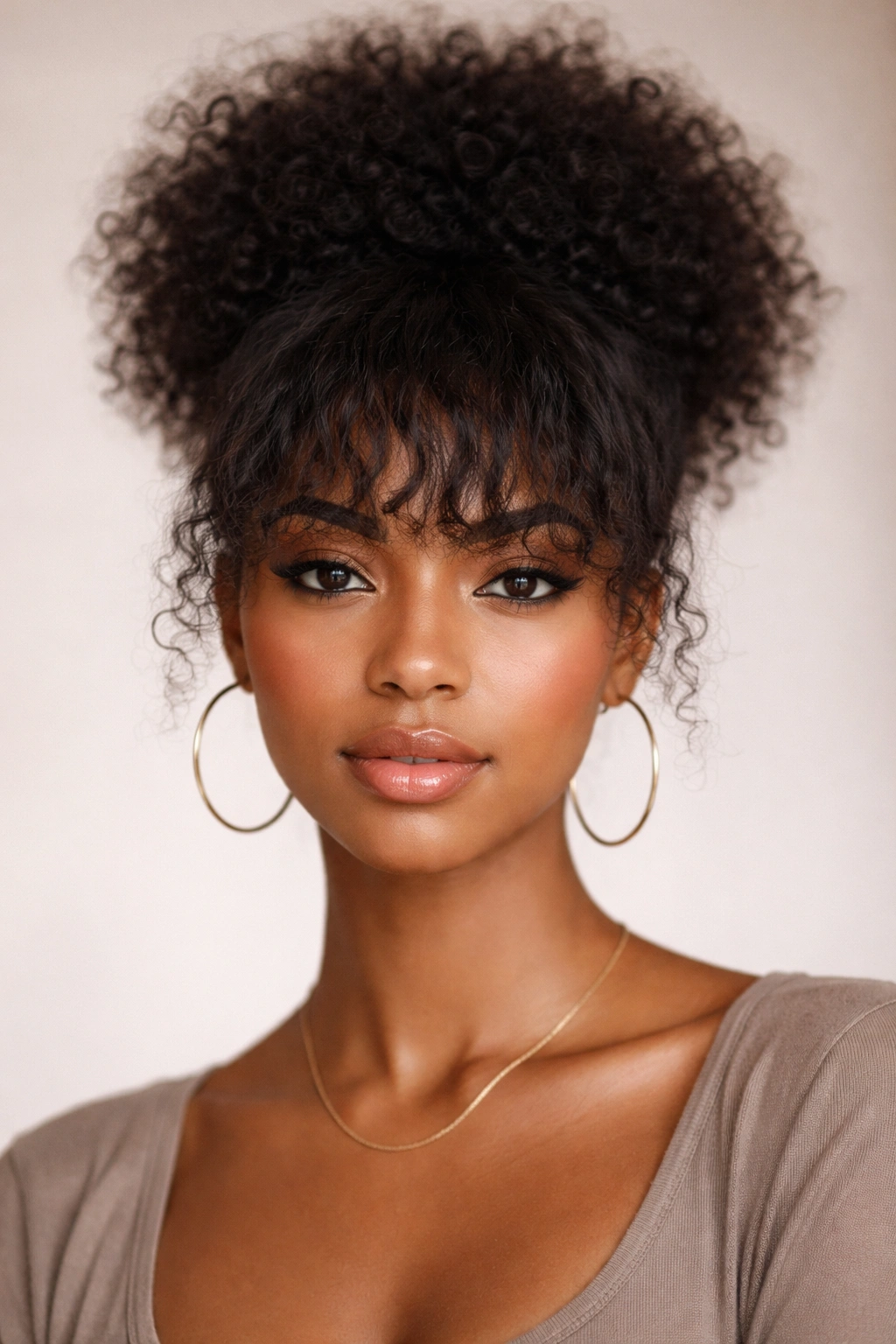 Afro puff with bangs framing the face softly and intentionally.