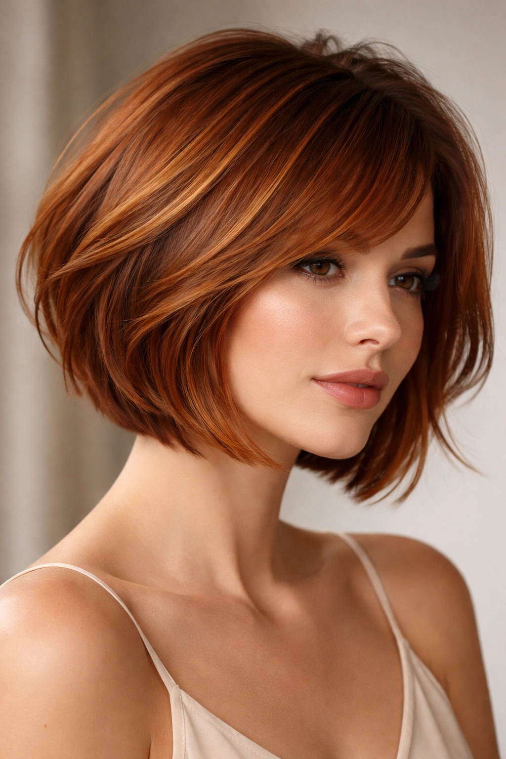 Pumpkin spice layered bob with movement and warm tones