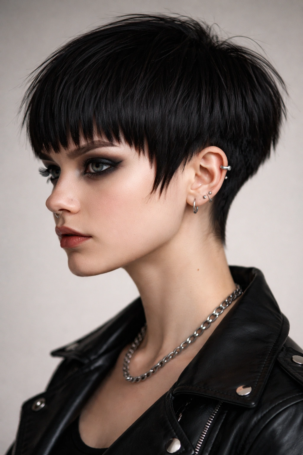 Close-up of bowl-inspired punk bob with jagged perimeter and textured fringe