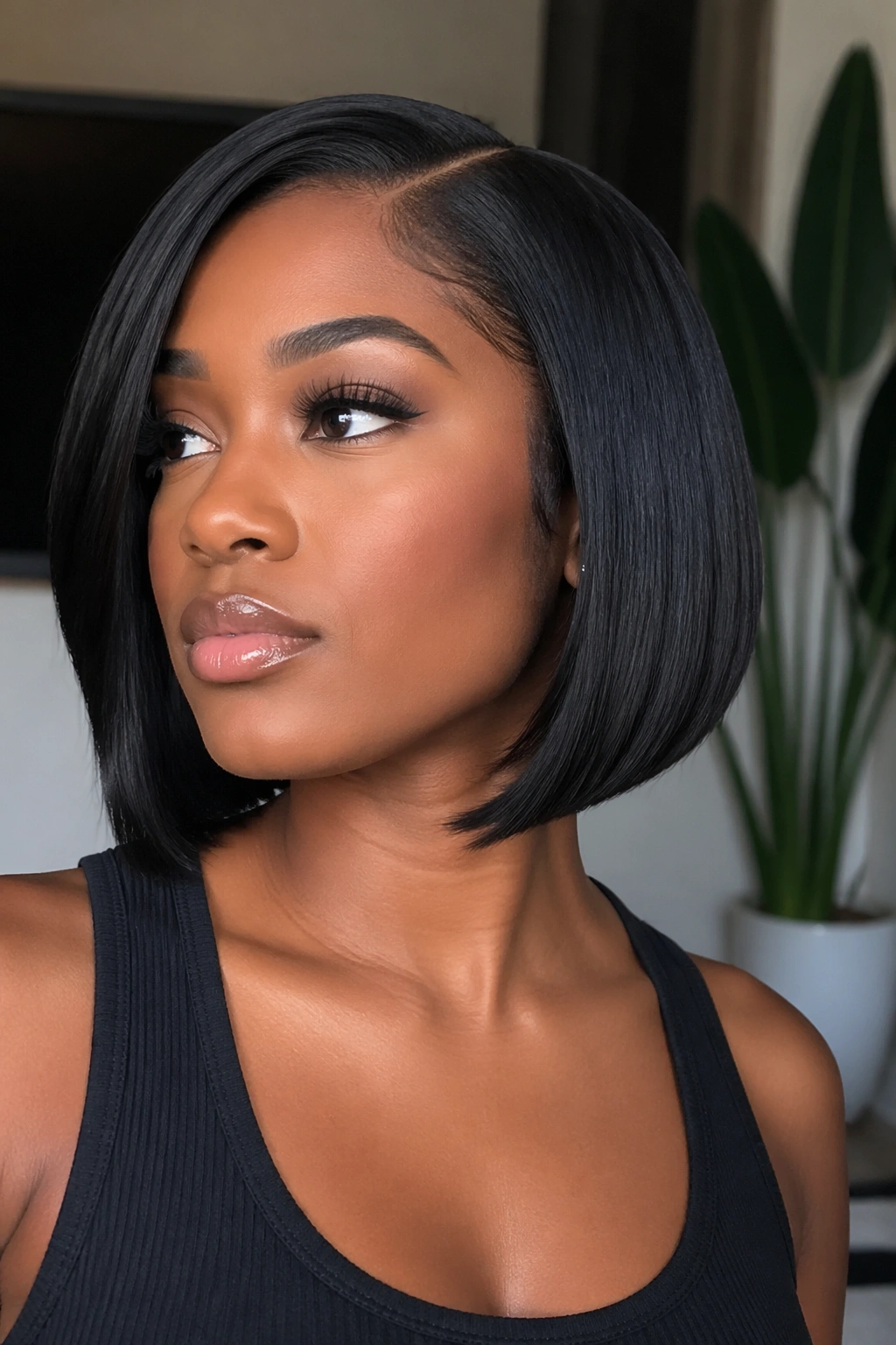Real woman with a sharp quick-weave bob hairstyle.