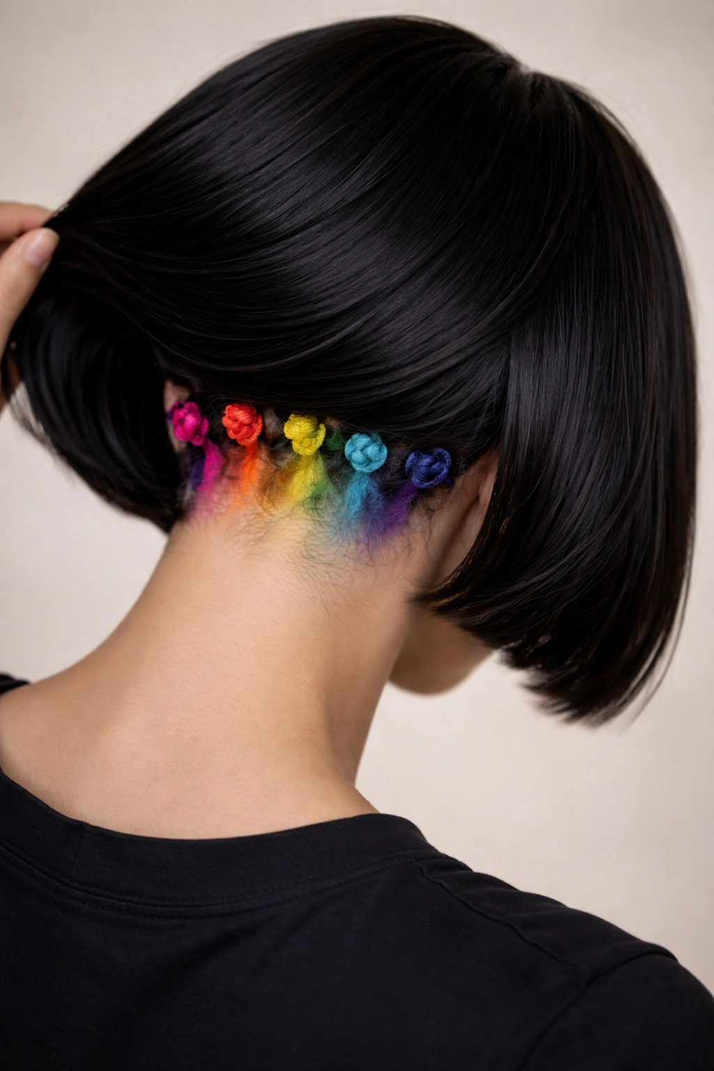 Rainbow peekaboo knots at the nape showing hidden colors