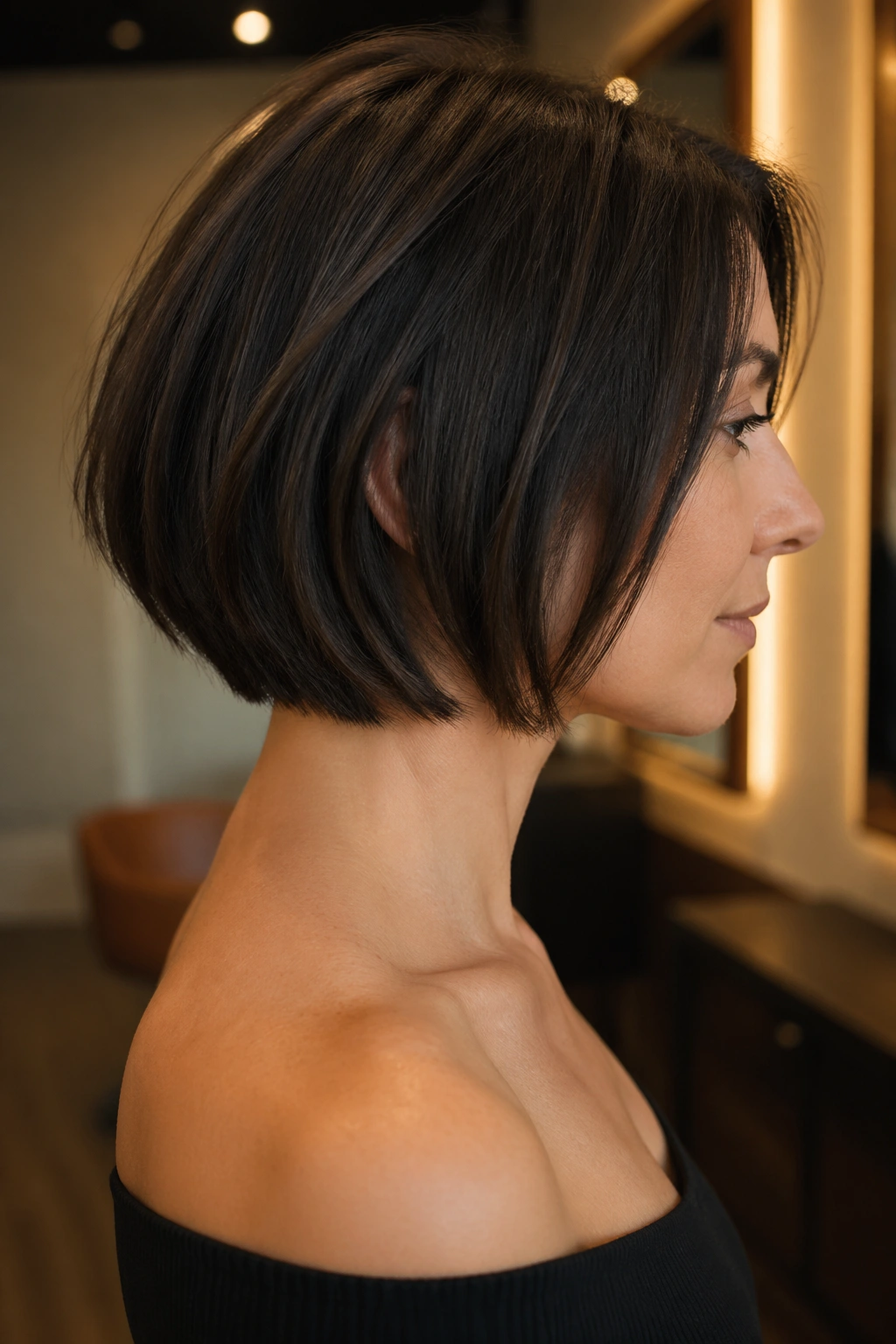 Portrait of a real woman with razor bob showing lighter interior weight.