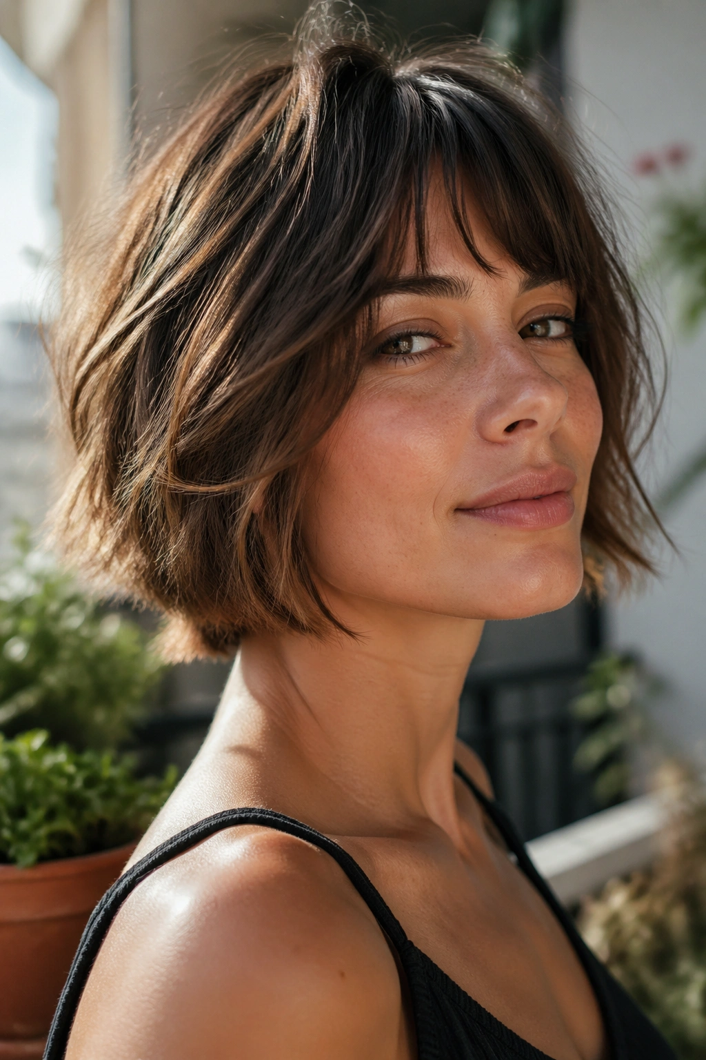 Real woman with razor-cut tousled bob and airy ends.