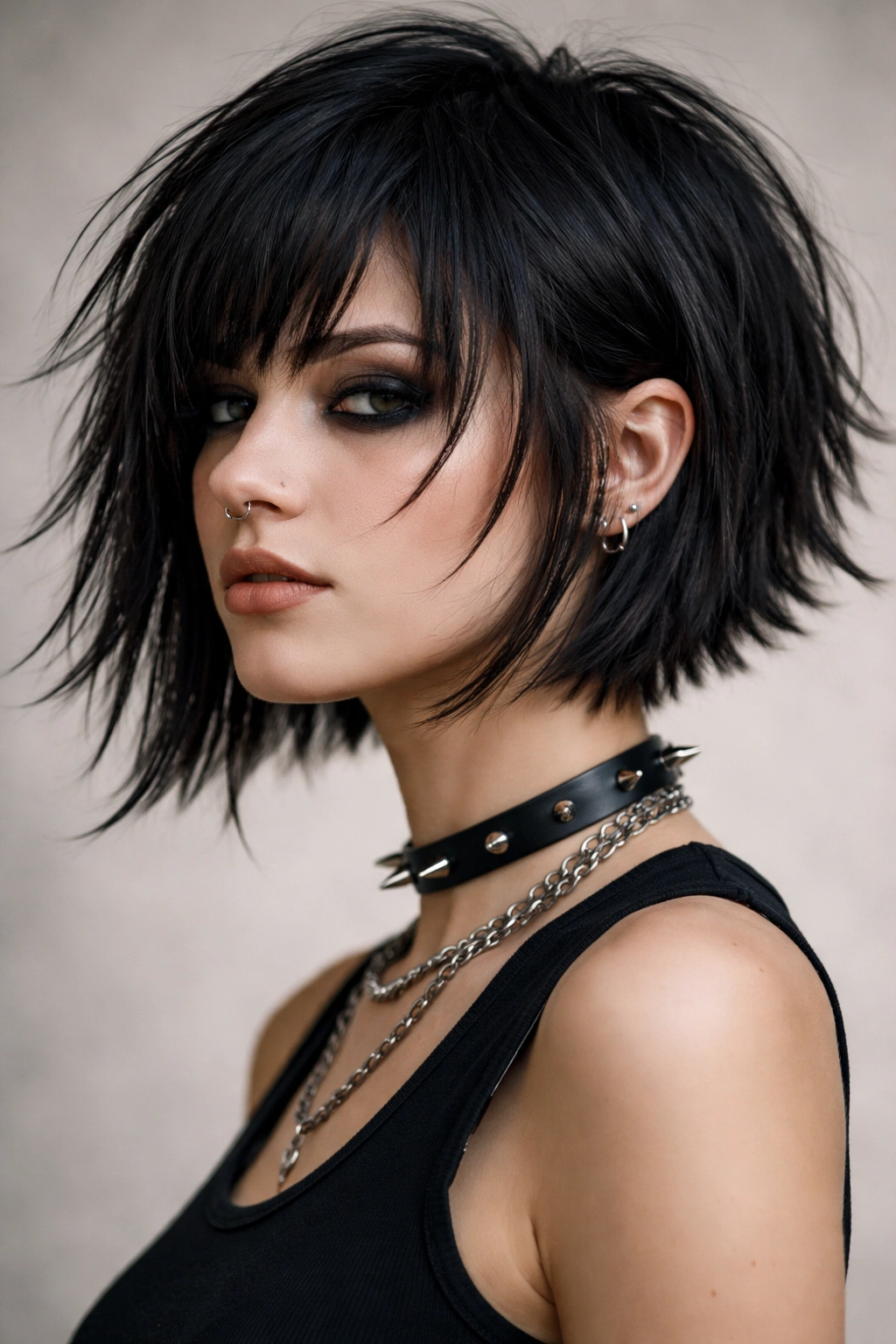 Razor-cut punk bob with choppy uneven ends showing texture
