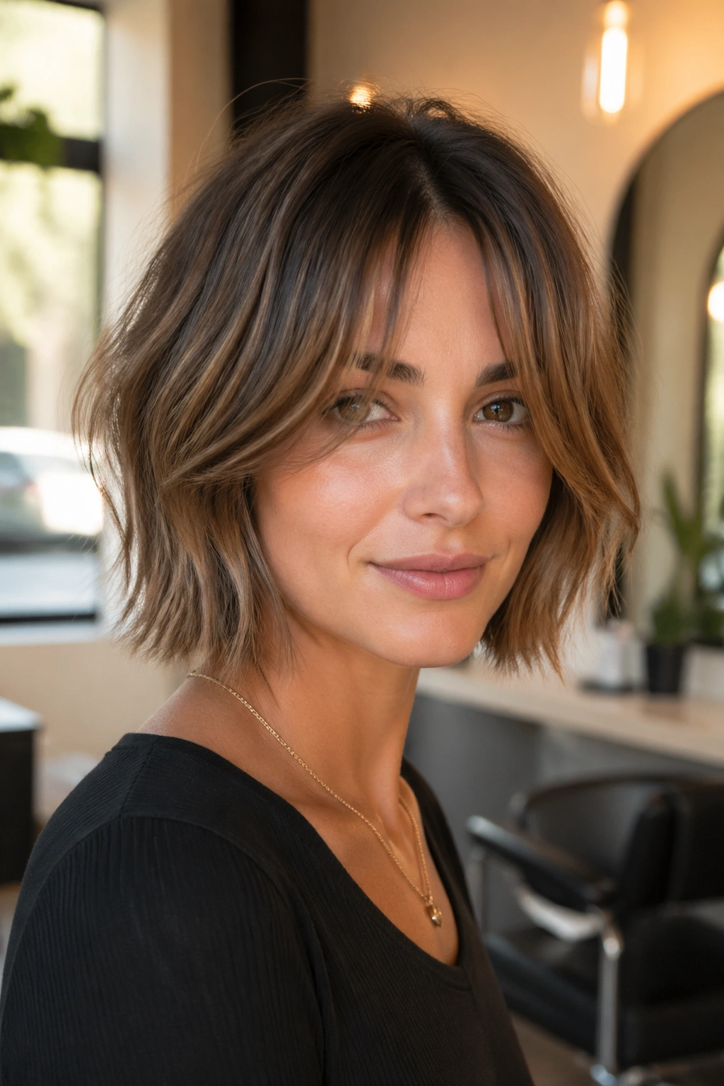 Close-up of a real woman with curtain bangs in a razor-cut bob.