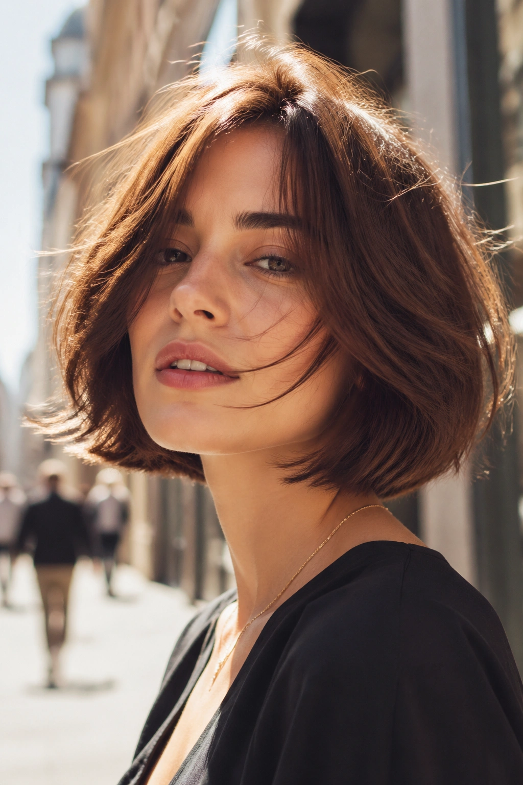 Close-up of a real person with a razor-cut bob and feathered ends