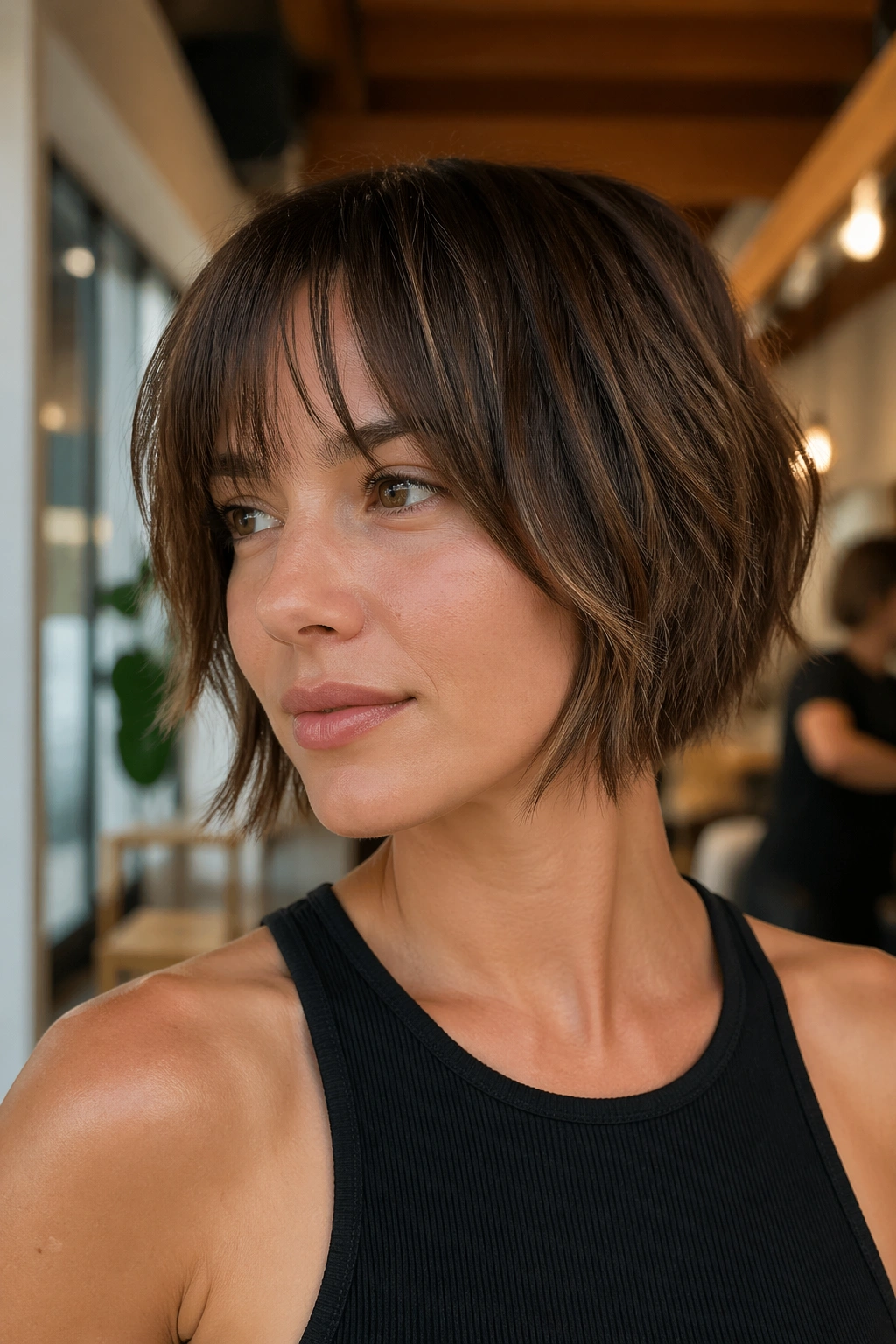 Close-up portrait of a real woman with a razor-cut bob showing soft edge and piecey ends