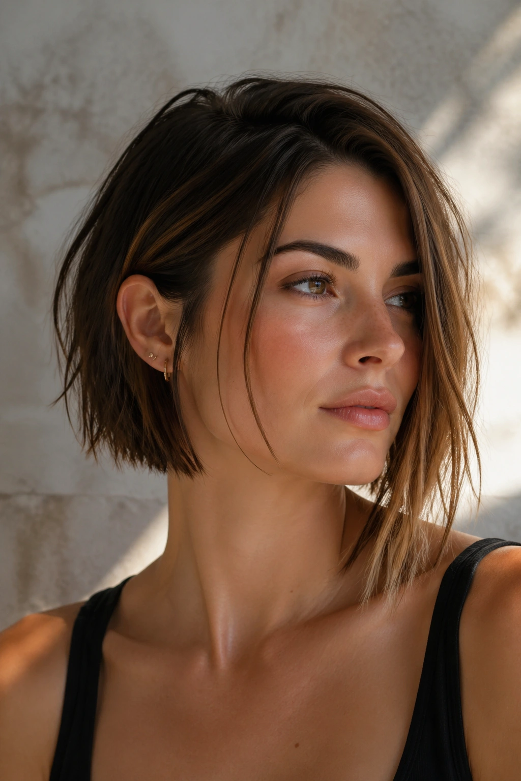 Close-up of razored asymmetrical bob with piecey ends