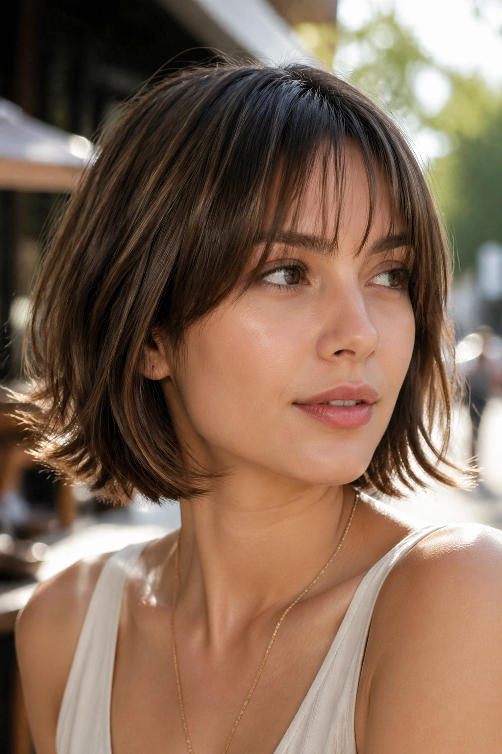 Portrait of person with razor-cut bob and see-through bangs outdoors