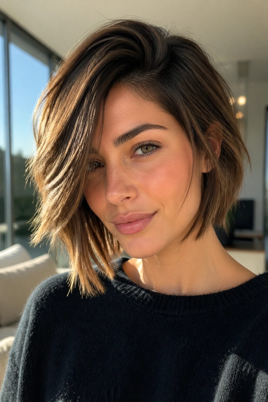 Close-up portrait of a real woman with a side-part razor cut bob and diagonal front sweep under warm window light.