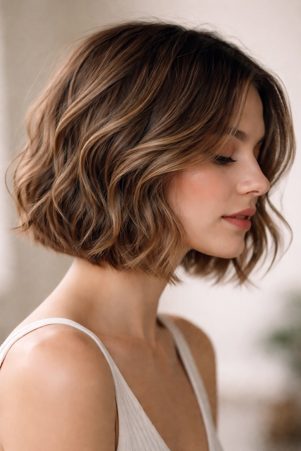 Razor-cut bob with soft tapered ends on wavy hair