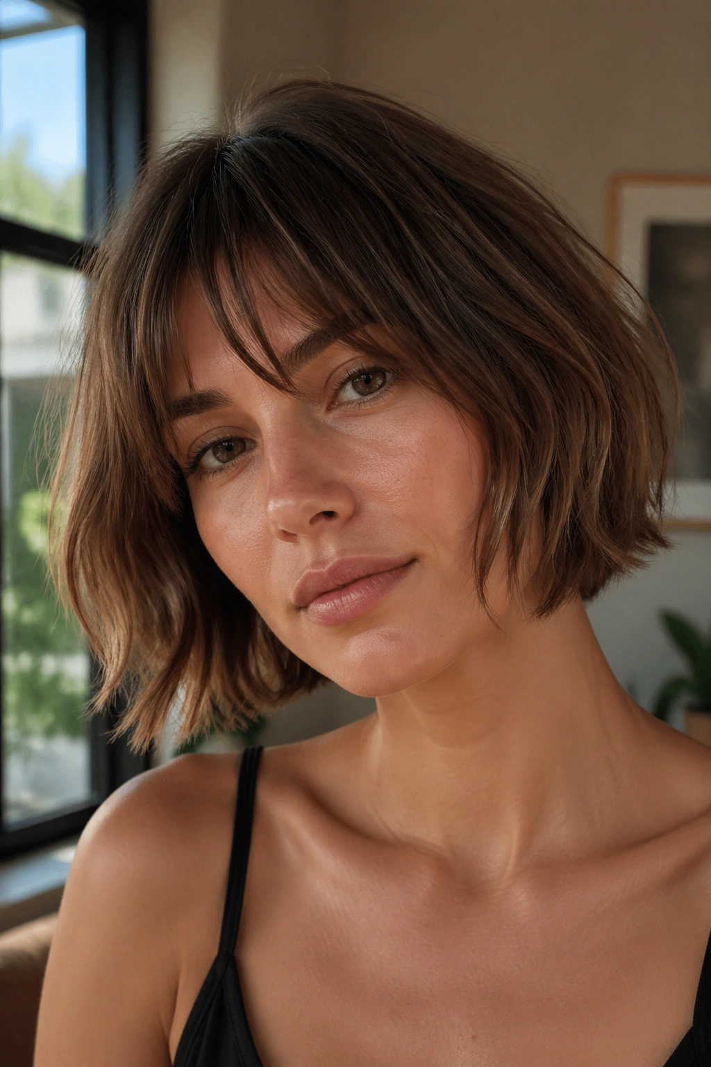 Close-up portrait of a real woman with a razor-cut bob and airy texture in a bright apartment