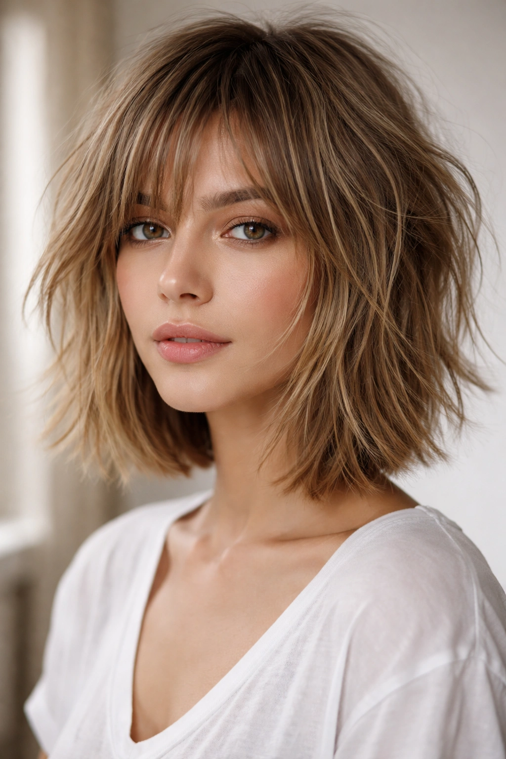Razor-cut shaggy bob with broken ends showing textured, jagged perimeter