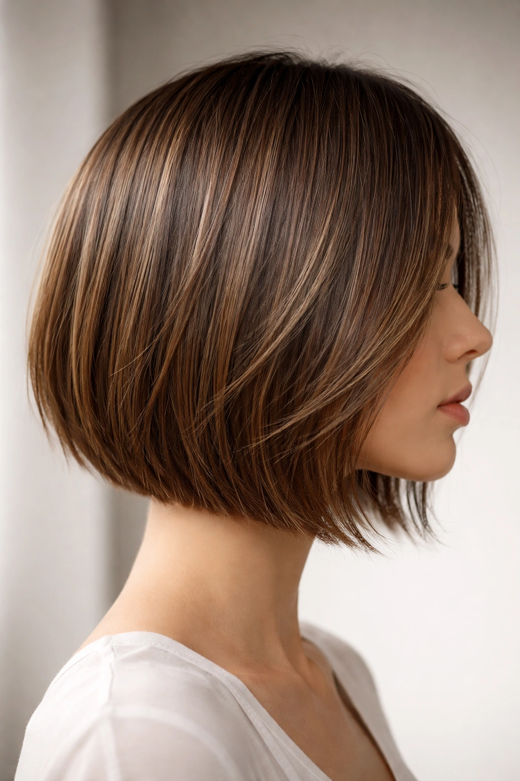 Close-up profile of razor-cut bob with wispy ends on straight hair