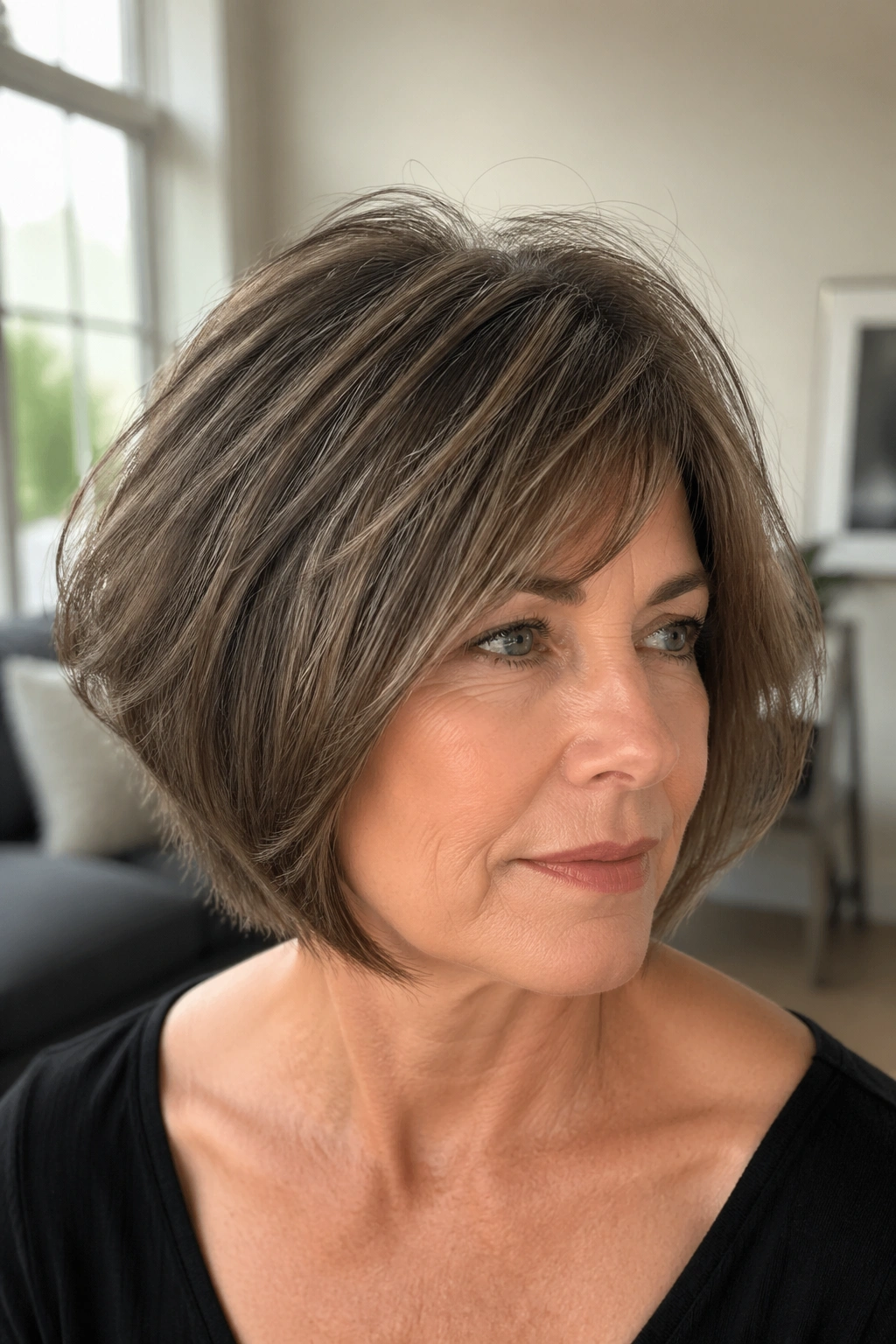 Real woman with razor-cut bob for thick hair in a bright home space